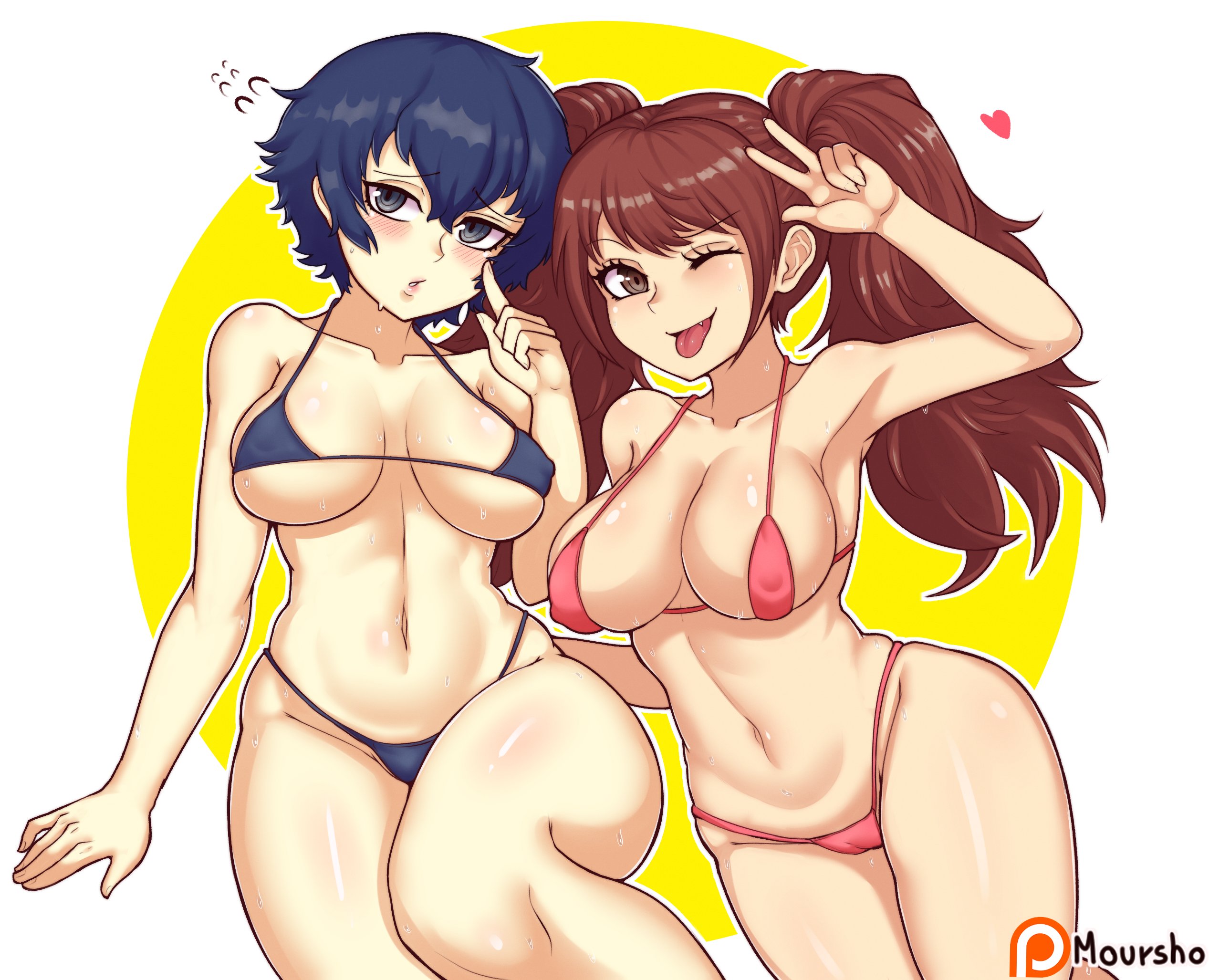 2girls, atlus, bikini, bikini bottom, bikini top, blue hair, blush, bottomwear, brown hair, clothing, female, female only, human, kujikawa rise, long hair, moursho, multiple females, multiple girls, persona, persona 4, shirogane naoto, short hair, swimsuit, swimwear, tongue, tongue out, topwear, twintails, v, wink