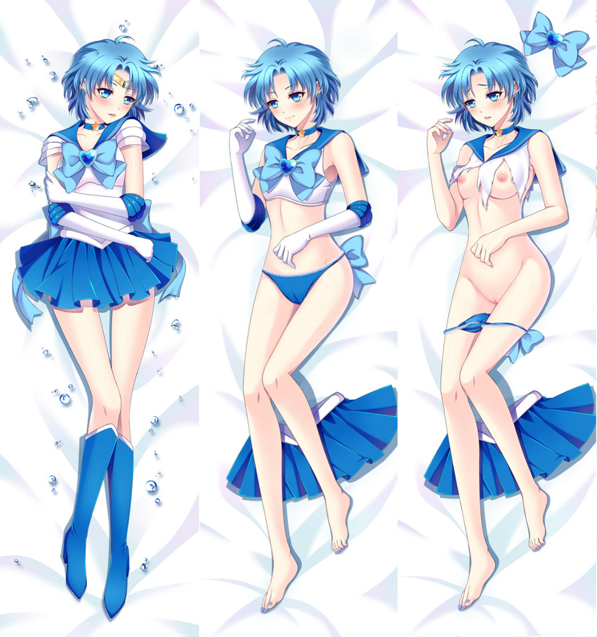 1girls ahoge ami_mizuno barefoot bed_sheet bishoujo_senshi_sailor_moon blue_choker blue_eyes blue_footwear blue_hair blue_nails blue_sailor_collar blush boots choker circlet clothing dakimakura dakimakura_(medium) elbow_gloves female female_only gloves highres knee_boots kotetu_han lying multiple_views nail_polish nipples on_back panties pleated_skirt pussy sailor_collar sailor_mercury sailor_senshi_uniform short_hair skirt skirt_removed small_breasts smile solo solo_female tiara toenail_polish torn_clothes water_drop