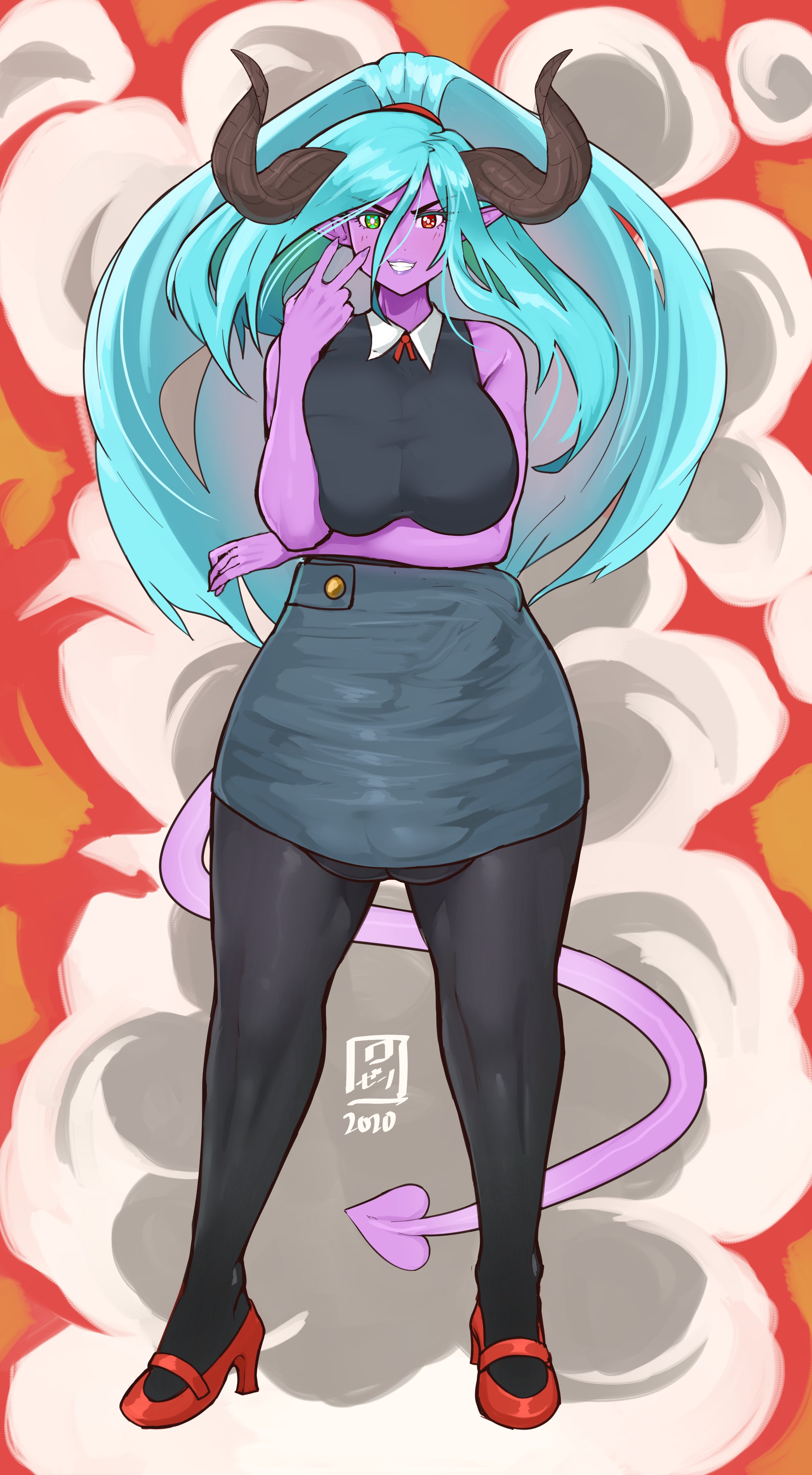 1futa, absurdres, blue hair, breasts, bulge, clothed, clothing, demon, dickgirl, erection under clothes, full body, fully clothed, futa only, futanari, gaikiken, heterochromia, high heels, highres, horns, humanoid, intersex, long ears, long hair, penis, penis under clothes, pink skin, smile, solo, standing, thick thighs, very long hair, wide hips