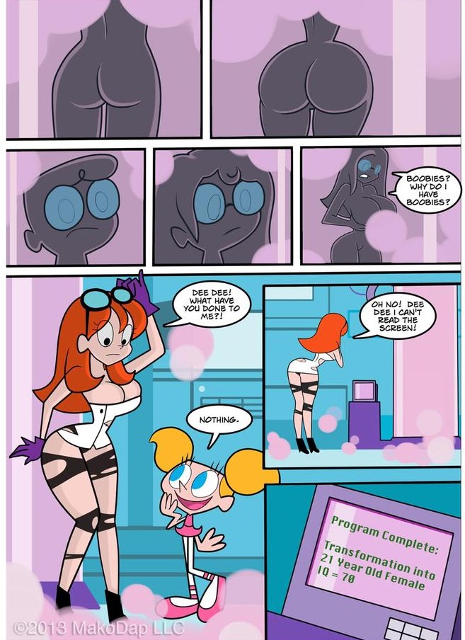 2013 2girls ass_expansion big_breasts bimbo bimbofication blue_eyes brain_drain breast_expansion cartoon_network comic comic_page dee_dee_(dexter's_laboratory) dexter dexter's_laboratory dextra dialogue female gender_transformation genderswap_(mtf) glasses_on_head hourglass_figure intelligence_loss machine makodap mtf_transformation multiple_girls orange_hair rule_63 siblings sisters text thighhighs transformation wide_hips