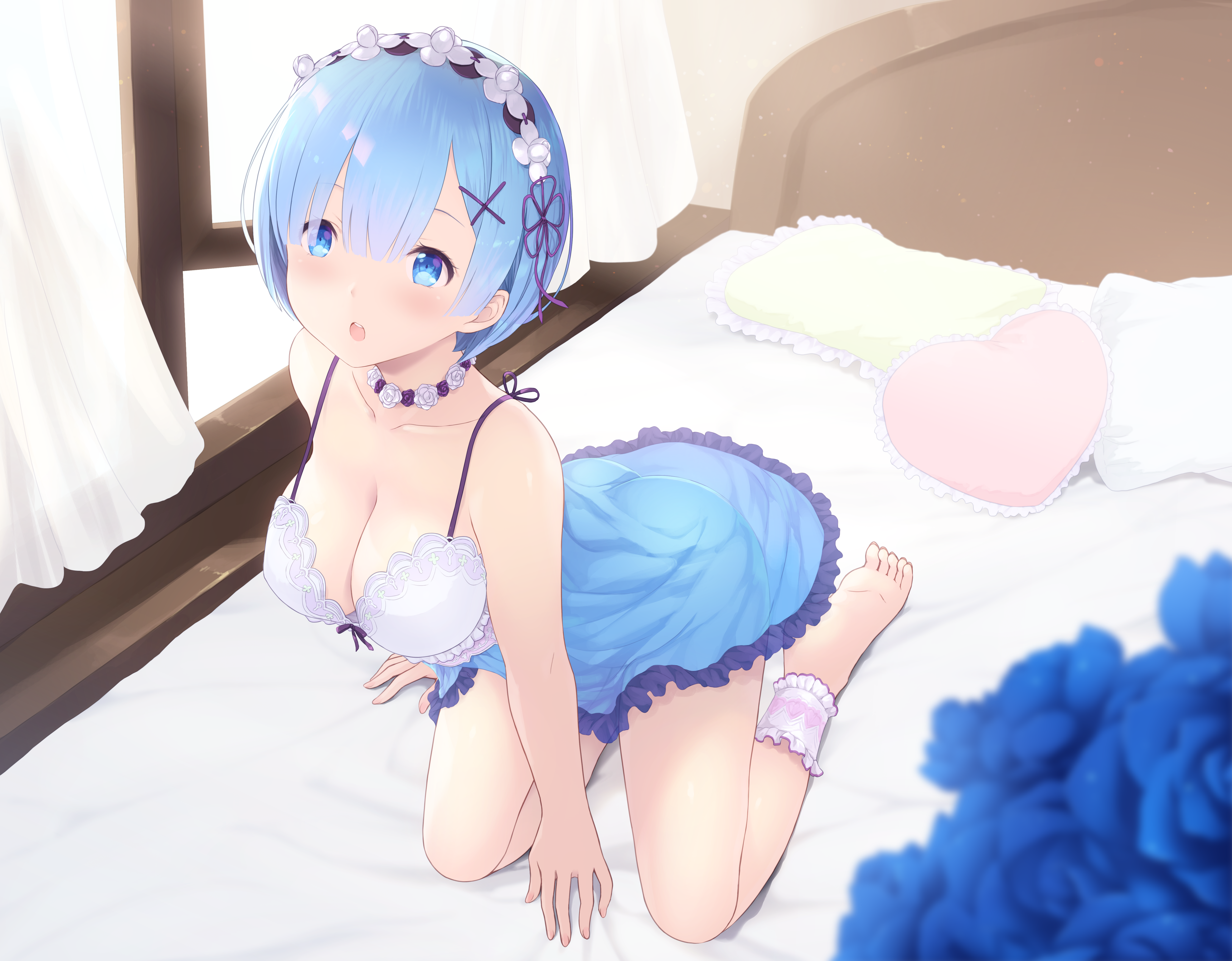 cait, cleavage, female, lingerie, looking at viewer, negligee, re:zero kara hajimeru isekai seikatsu, rem (re:zero), solo