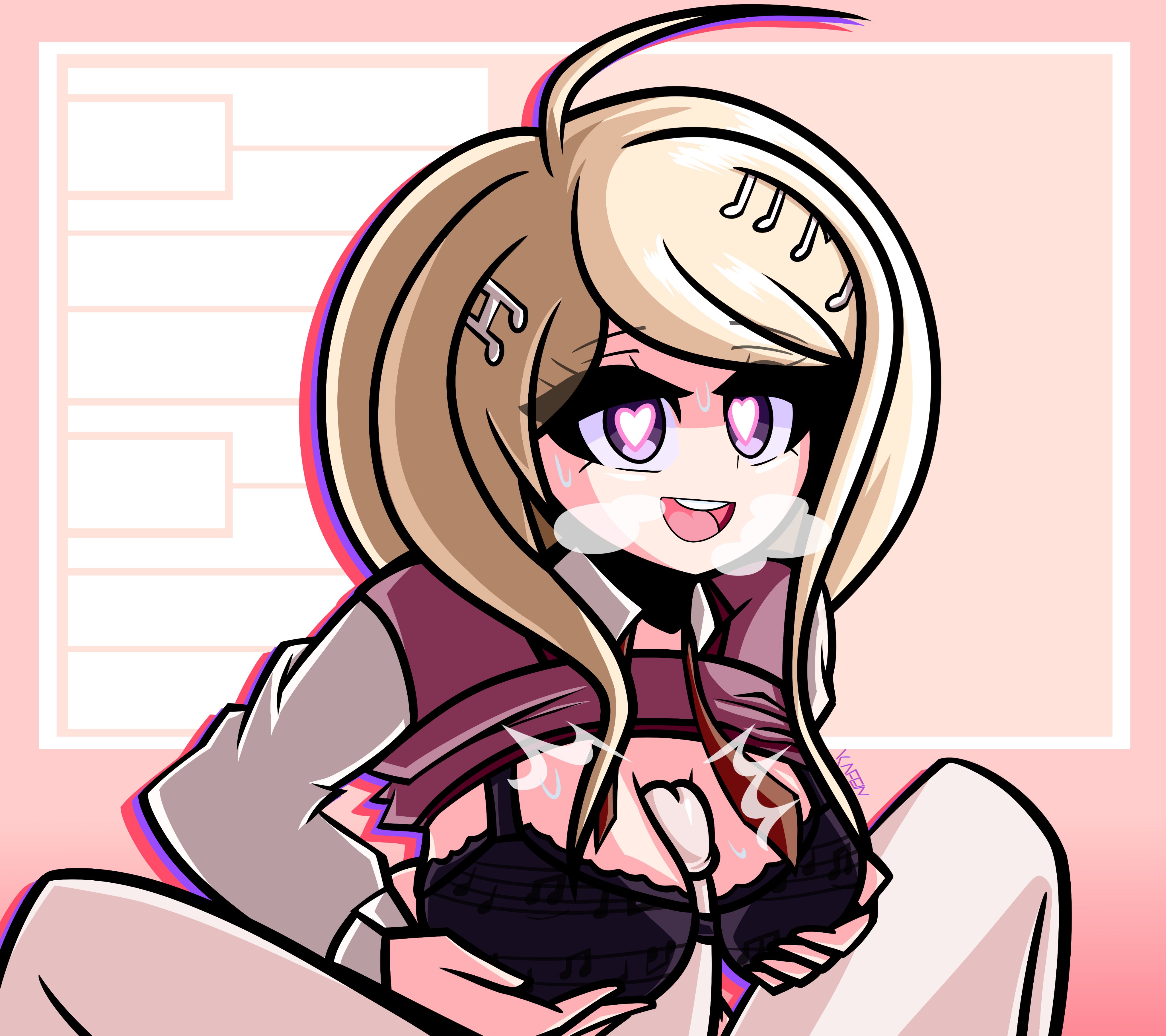 1boy, 1girls, ahoge, akamatsu kaede, blonde hair, breasts, danganronpa, danganronpa v3, female, happy, heart-shaped pupils, kafein, lingerie, male, paizuri, smile, straight hair