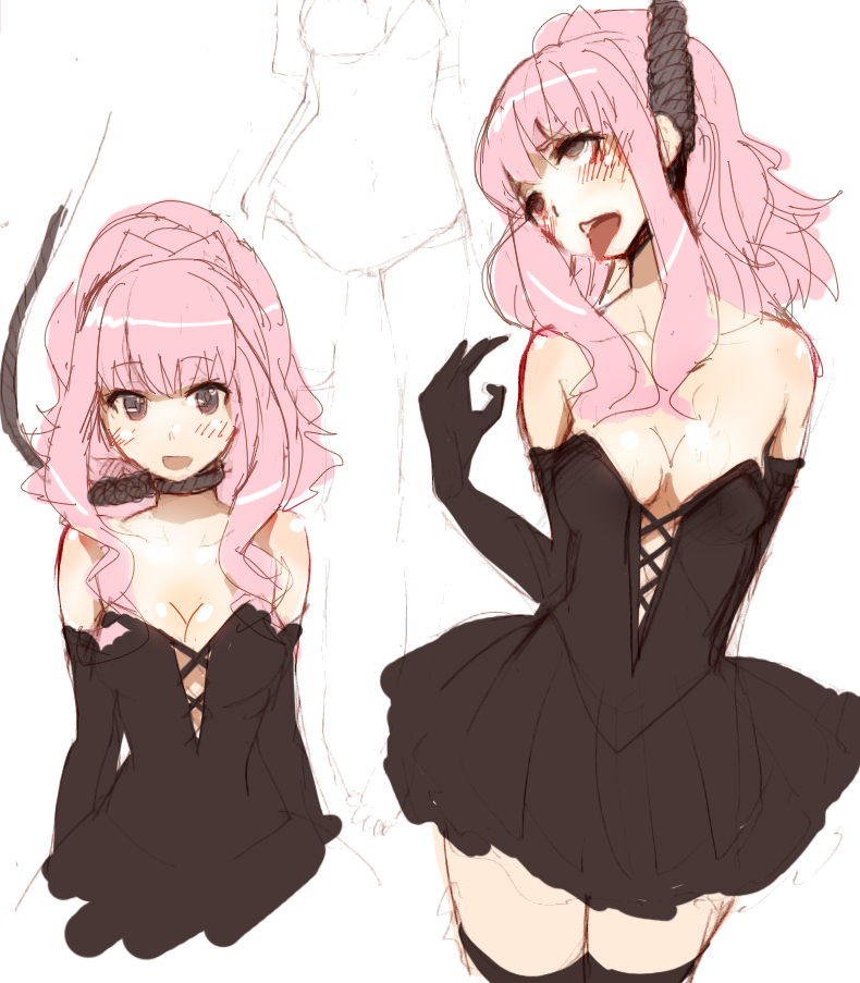 asphyxiation breasts clothing dress female hanged louise_francoise_le_blanc_de_la_valliere medium_breasts multiple_views noose pink_hair rope rough_sketch samedashu simple_background tongue tongue_out white_background zero_no_tsukaima