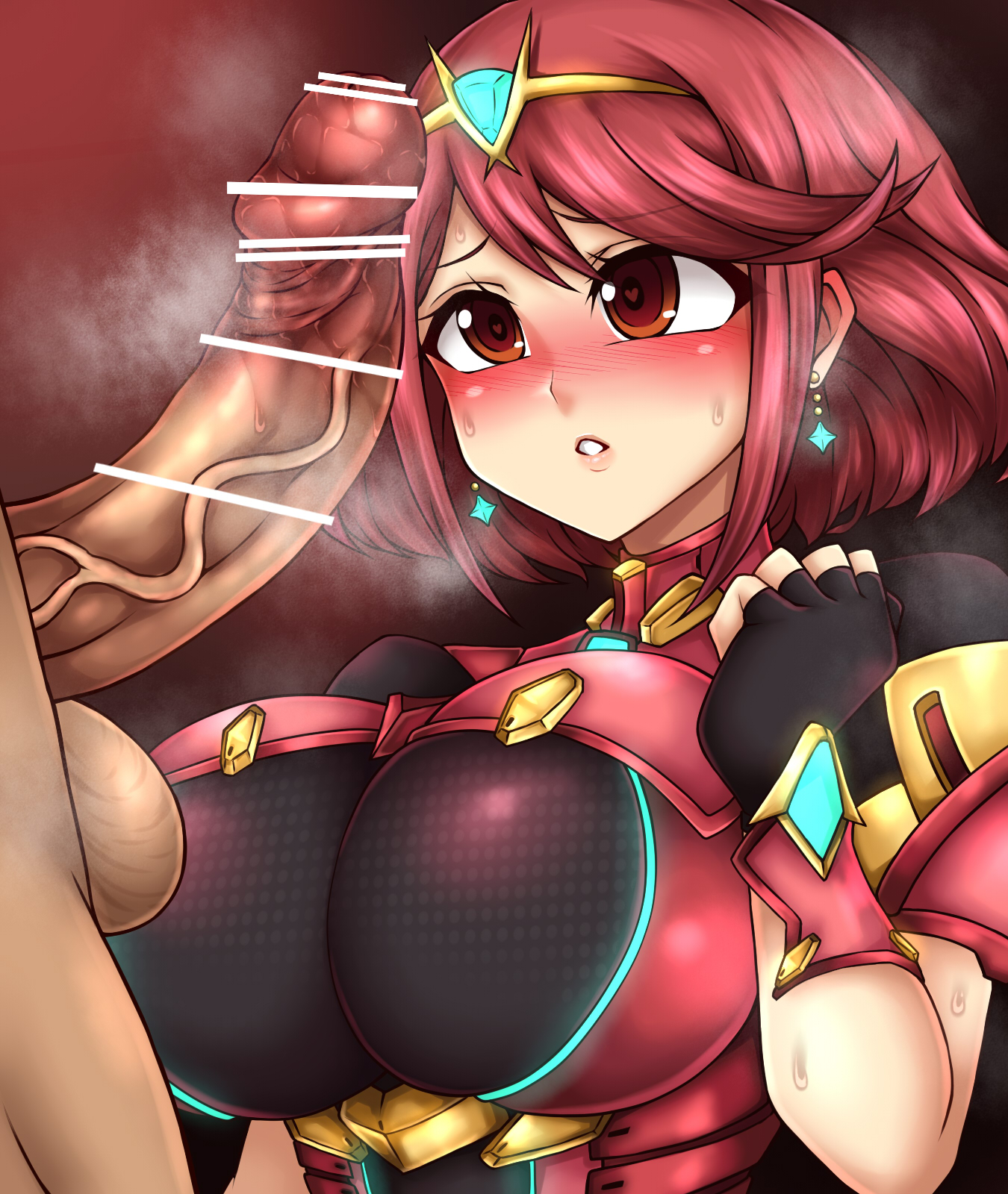 1boy, 1girls, beruzumi-m, blush, breasts, censored, cheating, female, heart-shaped pupils, imminent rape, large breasts, male, netorare, nintendo, ntr, penis, pyra, rape, sweat, tagme, xenoblade (series), xenoblade chronicles 2