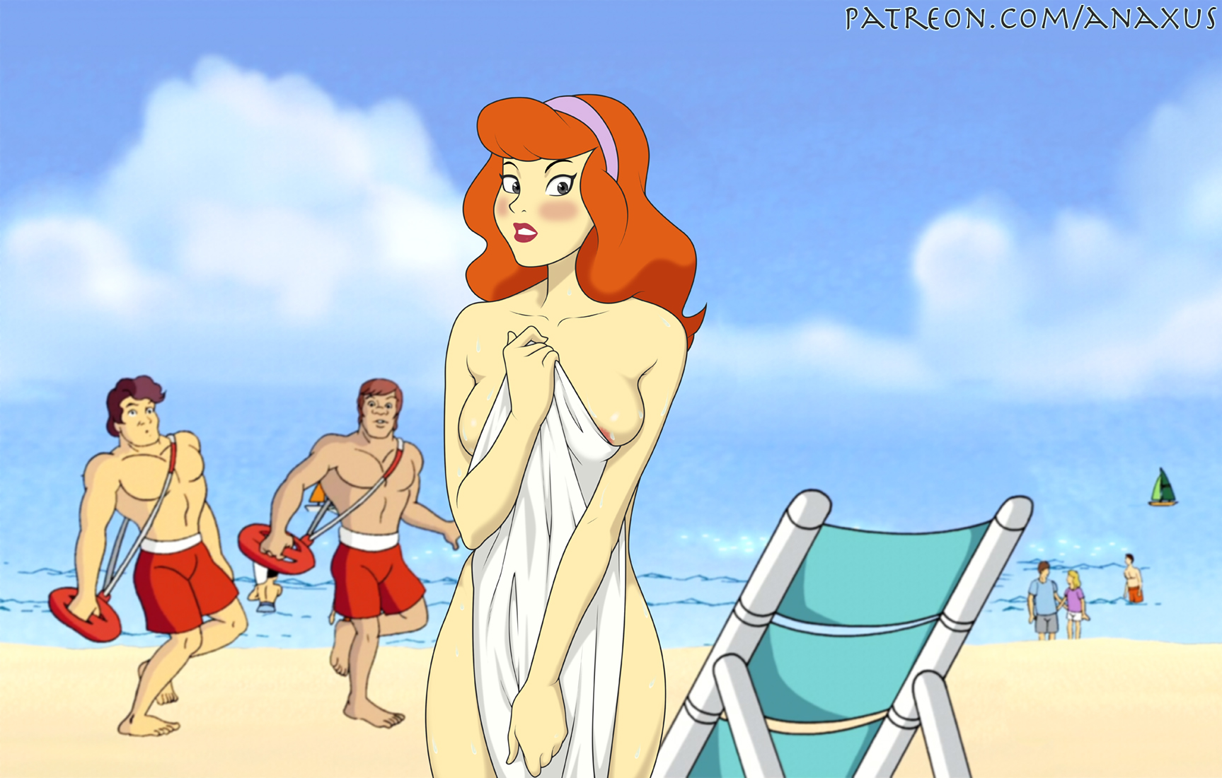 1girls, anaxus, beach, daphne blake, female, female focus, female only, ginger, hanna-barbera, light skin, light-skinned female, male, multiple boys, multiple males, naked, nude, nude female, orange hair, scooby-doo, towel