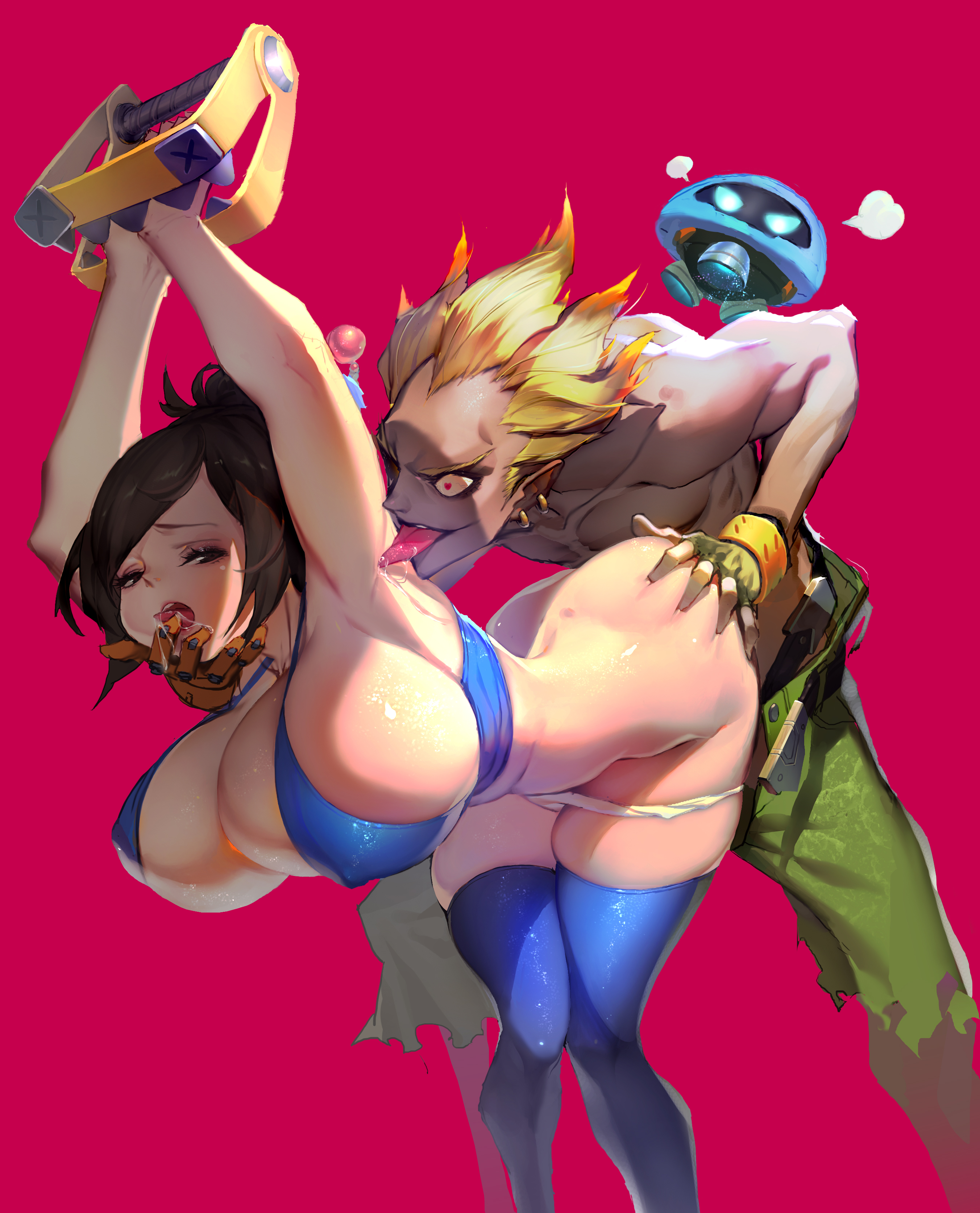 1boy, 1girls, abs, ambiguous penetration, armpits, asian, ass, blizzard entertainment, blush, breasts, chinese, female, furious, grabbing ass, hand on ass, junkrat, large breasts, licking armpit, male, mei (overwatch), overwatch, panties down, saliva, snowball (overwatch), tagme (artist), thighhighs, tongue, tongue out, trap (contrivance), trapped
