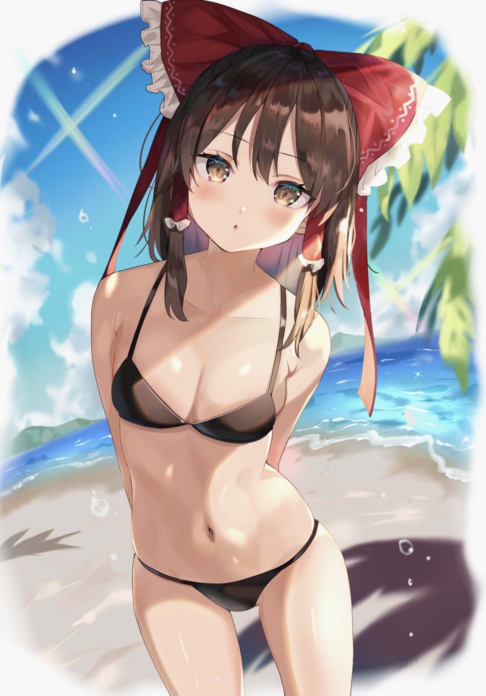 1girls bikini black_bikini blush breasts brown_eyes brown_hair cleavage female_focus female_only highres looking_at_viewer medium_breasts open_mouth reimu_hakurei ribbon satoupote solo touhou