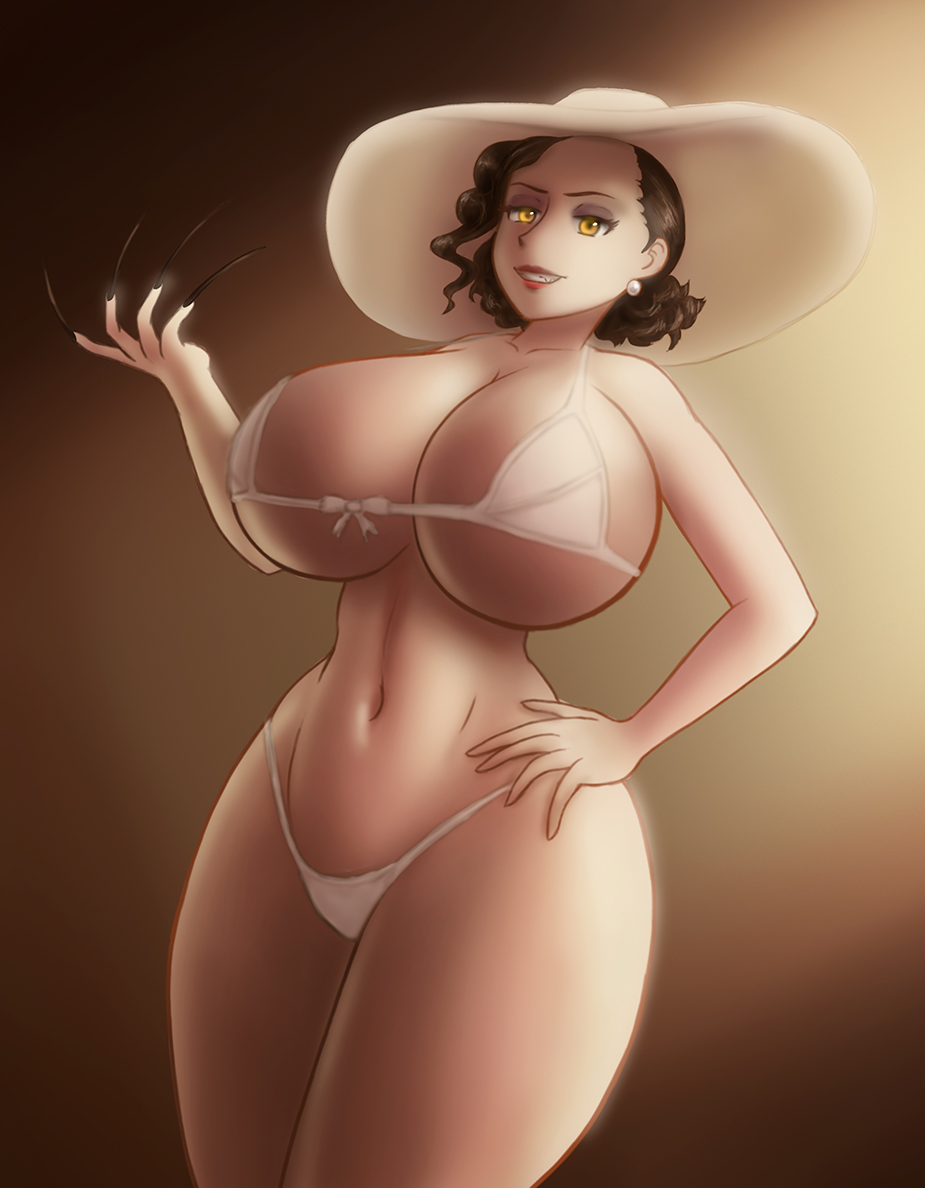 1girls alcina_dimitrescu ass belly belly_button big_ass big_breasts big_dom bikini bikini_bottom bikini_top black_hair bow breasts capcom cleavage earrings female female_focus female_only fingernails hand_on_hip hat hips huge_ass huge_breasts mature_female midriff milf mother navel resident_evil resident_evil_8:_village saf-404 safartwoks safartworks seductive short_hair skimpy_bikini smiling swimsuit thick_thighs vampire white_bikini wide_hips yellow_eyes