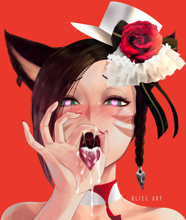 1girls after_fellatio animal_ears bare_shoulders black_hair blush braid cat_ears choker cum cum_in_mouth earrings eyelashes facial_mark fellatio_gesture female final_fantasy final_fantasy_xiv gradient gradient_hair hat heart heart-shaped_pupils marie_makise mini_hat mini_top_hat miqo'te nail_polish nipples open_mouth red_hair red_nails short_hair side_braid solo symbol-shaped_pupils tongue_out top_hat two_tone_hair uliel