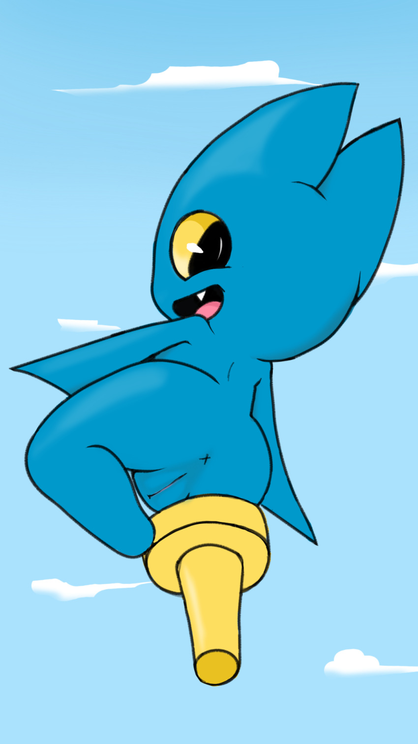 adorabat anthro anus ass blue_body cartoon_network chiropteran cloud fangs female flying genitals hi_res howl_echoes looking_back low-angle_view mammal mao_mao:_heroes_of_pure_heart nude open_mouth open_smile pegleg pussy sky smile solo wings yellow_sclera young