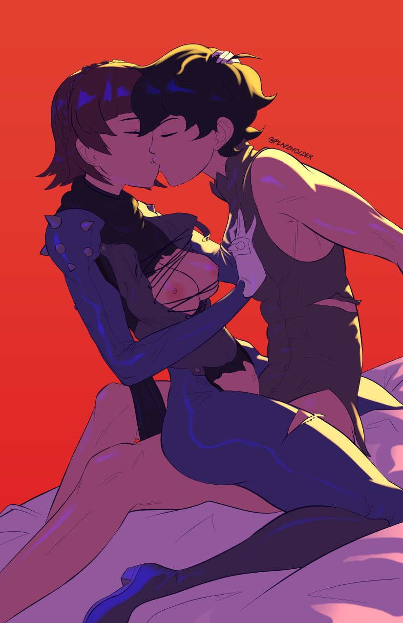 1boy, 1girls, akira kurusu, black hair, bodysuit, breasts, brown hair, female, joker (persona), makoto niijima, makoto niijima (queen), male, medium breasts, persona, persona 5, phantom thief suit, playzholder, pussy, ren amamiya, short hair, torn bodysuit, torn clothes, vaginal penetration