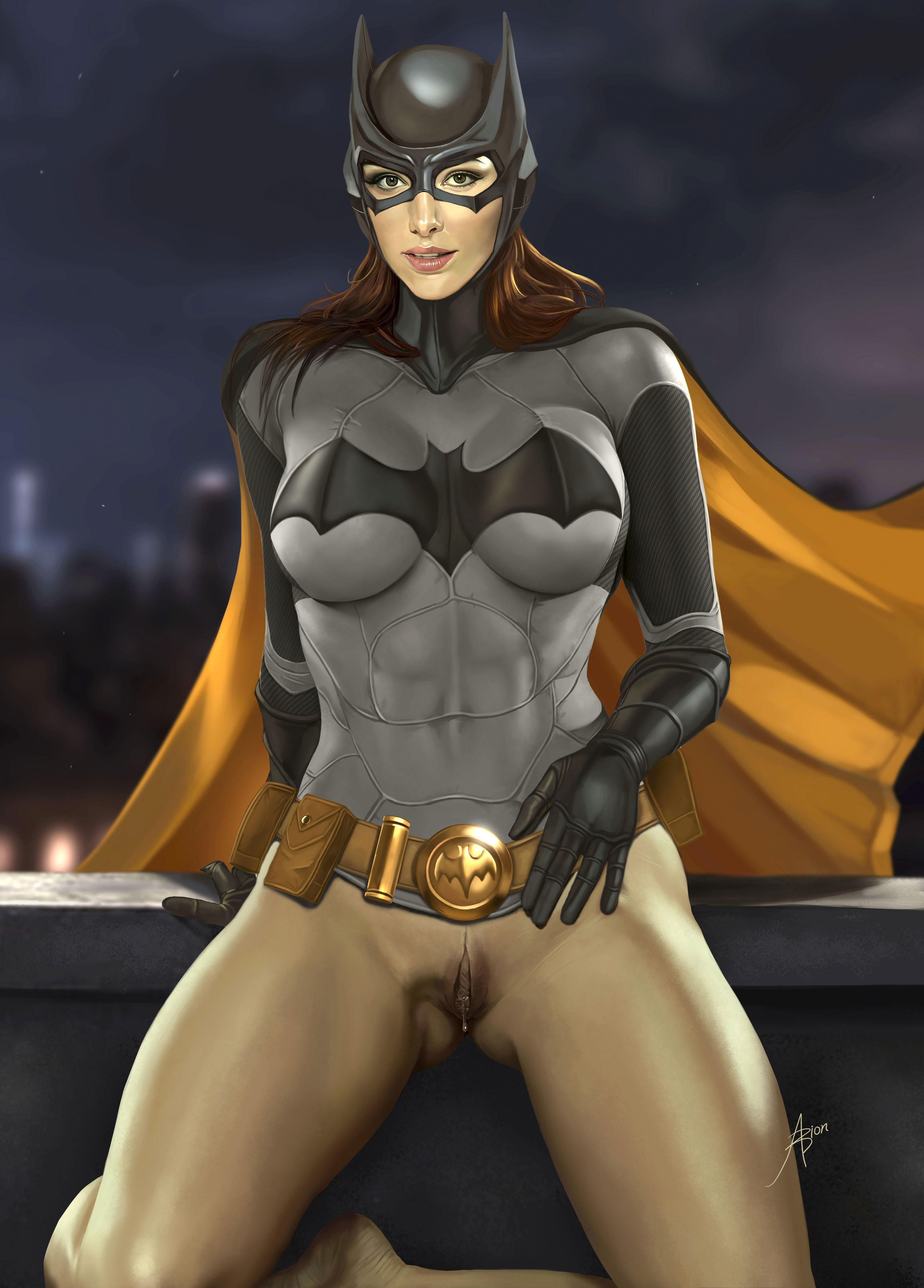 arion69, barbara gordon, batgirl, bottomless, cape, dc, dc comics, dripping, dripping cum, dripping pussy, dripping wet, female, looking at viewer, pussy, vagina, wet, wet pussy