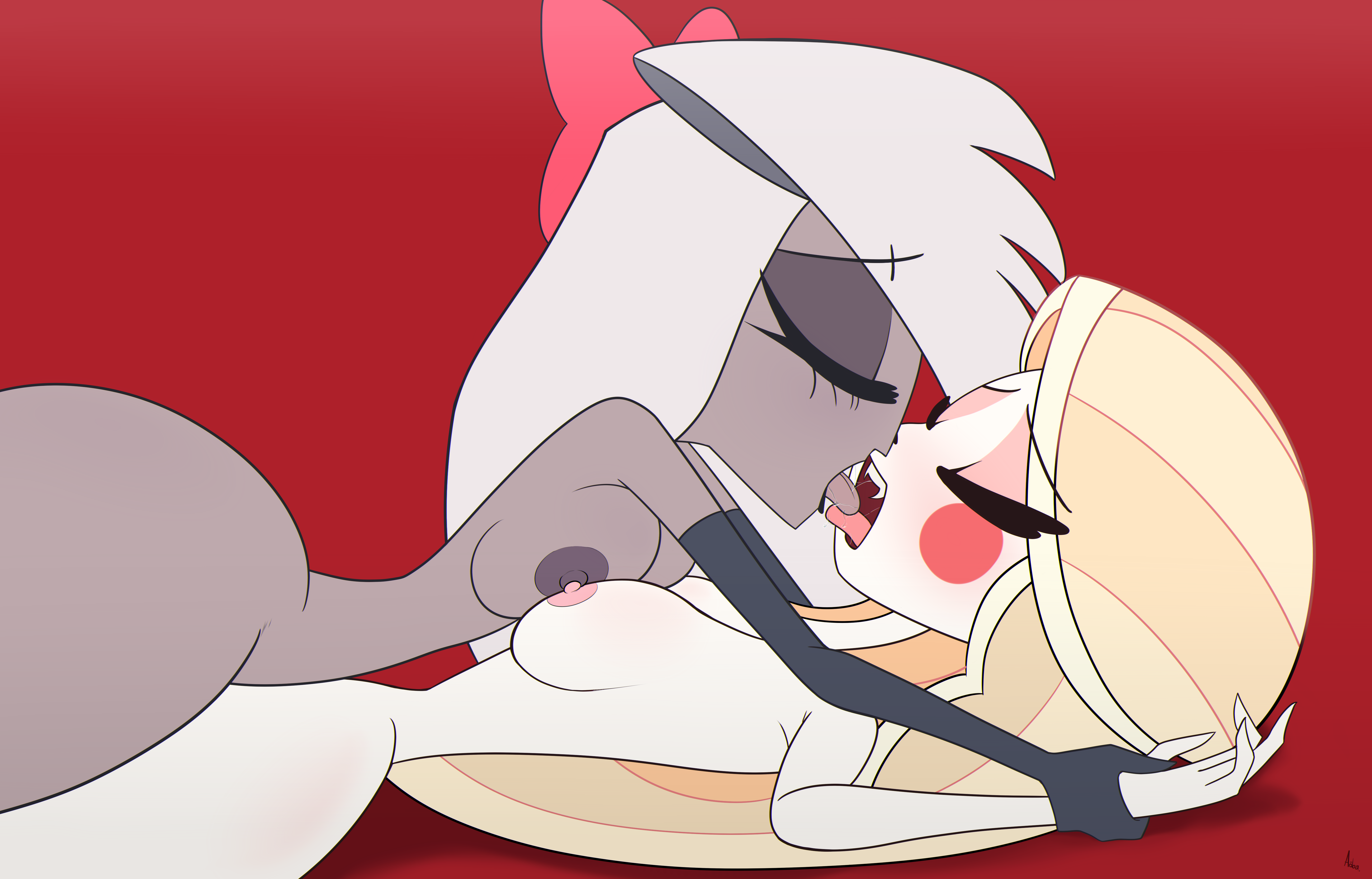 2girls, aobacarry, breasts, charlie morningstar (hazbin hotel), closed eyes, dominant female, female, female on bottom, female on top, female only, female/female, french kiss, french kissing, handwear, hazbin hotel, holding another's wrist, kissing, massive breasts, multiple females, multiple girls, nude, open mouth, pinned, pinned down, straight hair, submissive female, tongue, tongue kiss, tongue out, vaggie (hazbin hotel), vivienne medrano, yuri