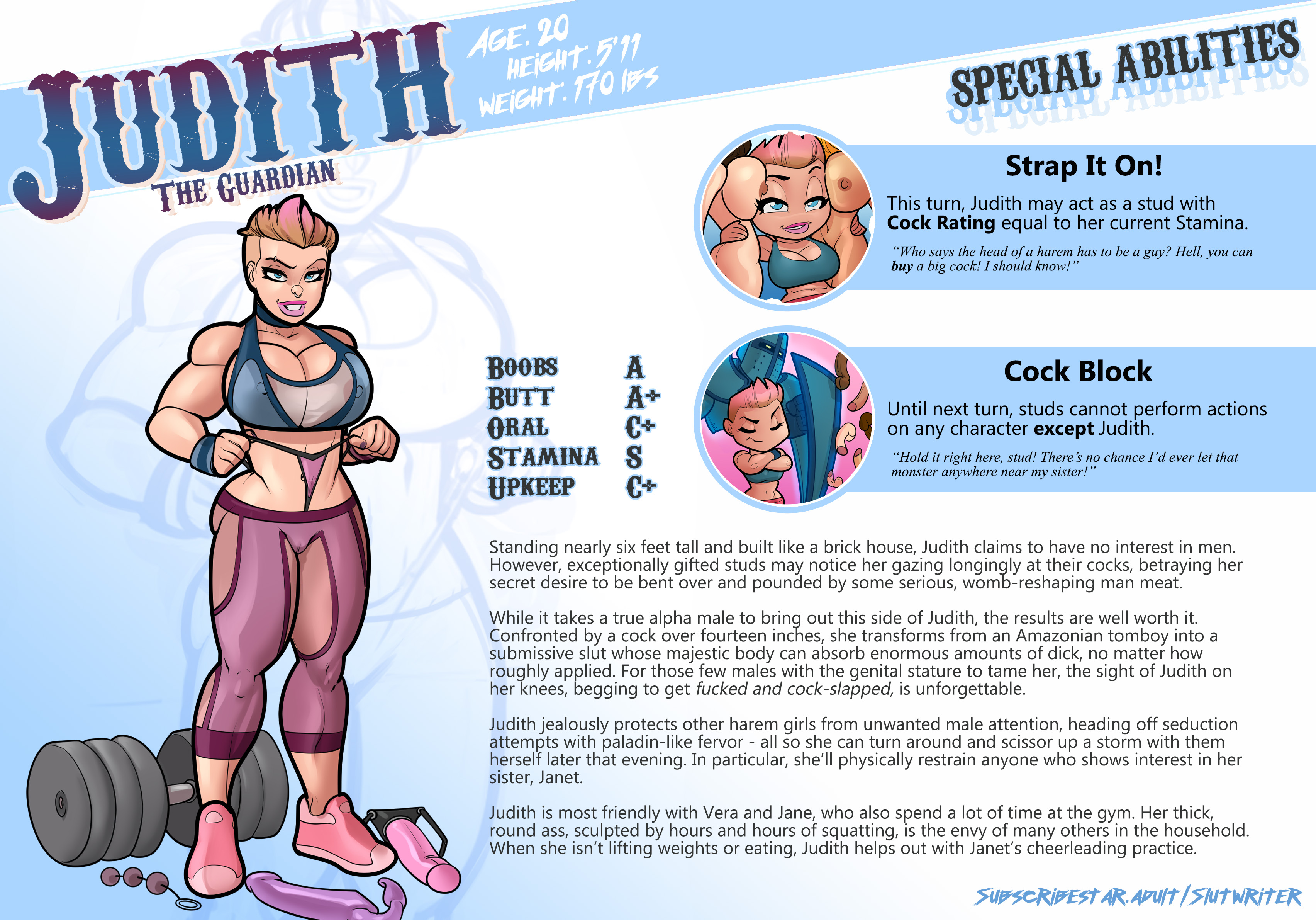 1girls, abs, ass, big ass, big breasts, big butt, bisexual, bisexual female, breasts, bubble ass, bubble butt, character bio, character profile, character sheet, dumbbell, english text, female, female focus, female only, fit, fit female, herron house (series), judith herron, model sheet, muscular, muscular female, my mom and sister are size queen sluts, rabies-t-lagomorph, reference sheet, short hair, slutwr1ter, solo, stats, tagme, text, text box, text bubble, text focus, thong, thong pull