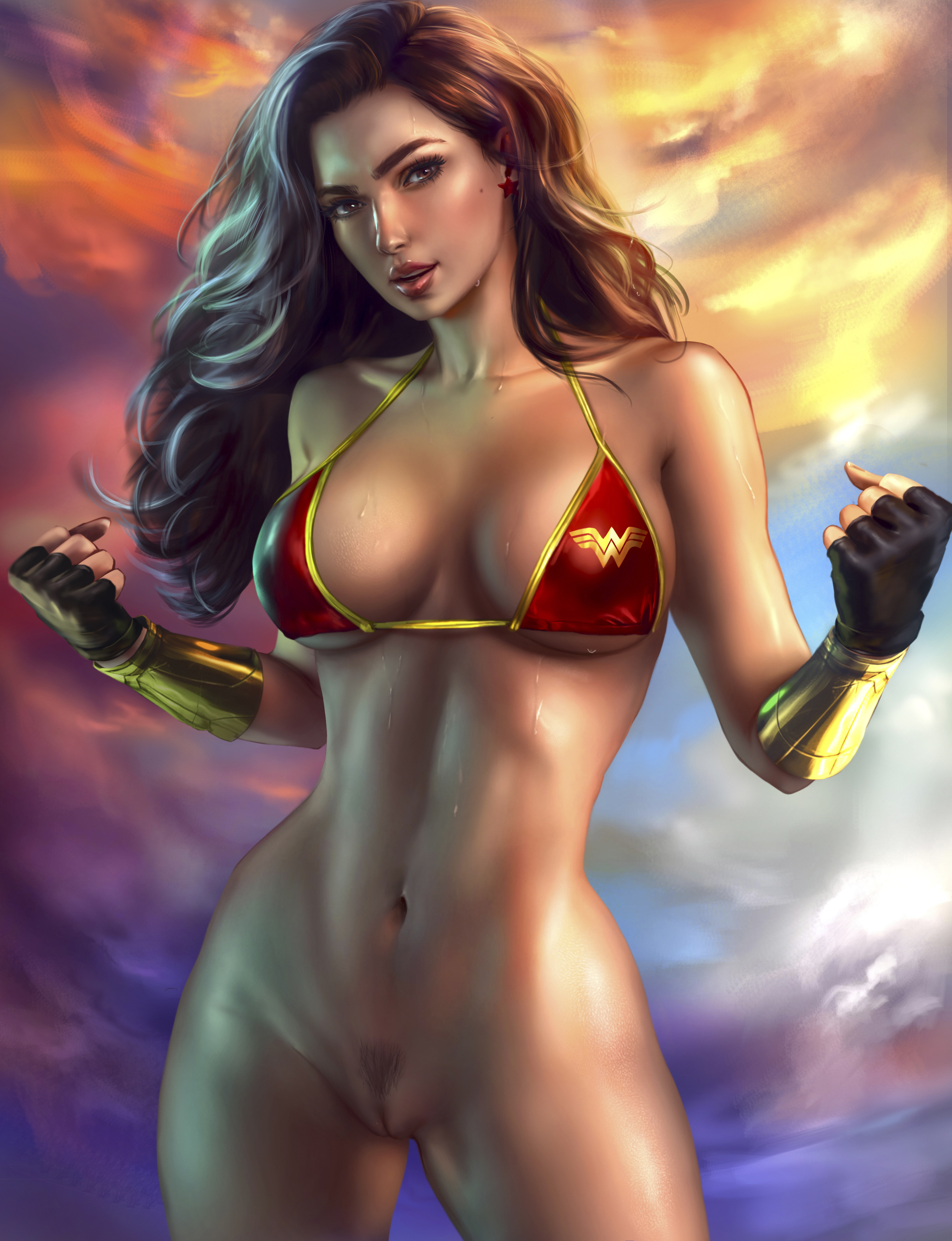 1girls, actress, arm bracers, bikini top, black hair, bottomless, breasts, brown eyes, celebrity, dc, dc comics, dc extended universe, dceu, diana prince, earrings, edit, female, female only, fit, gal gadot, gloves, hourglass figure, logan cure, looking at viewer, olive skin, pubic hair, pussy, real person, realistic, uncensored, vagina, wide hips, wonder woman, wonder woman (dceu), wonder woman (series), wonder woman 1984
