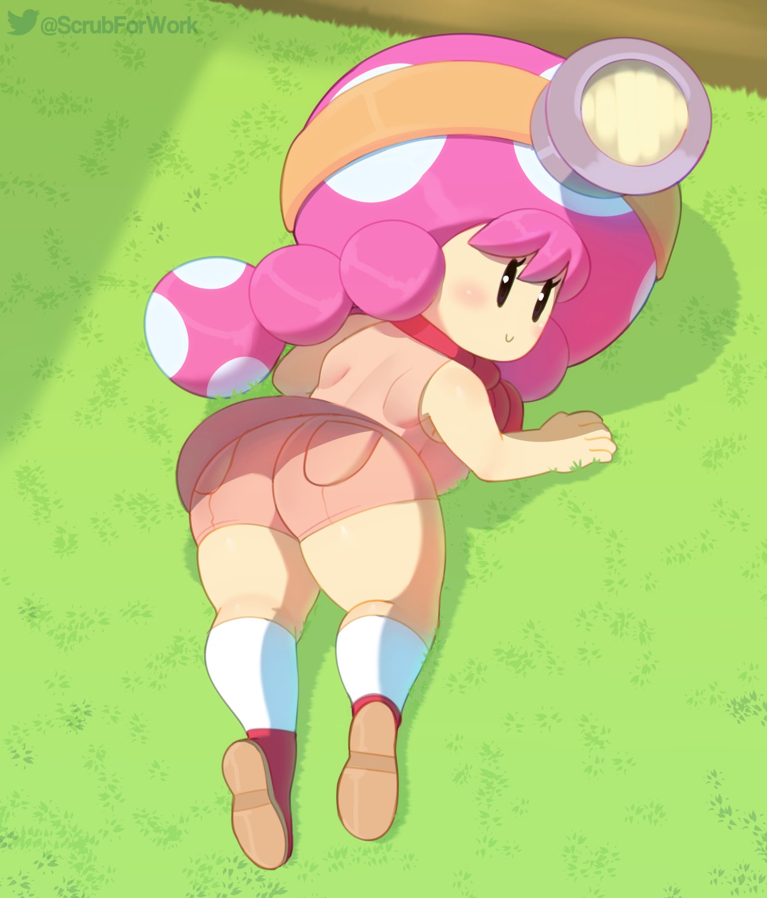 1girls, ass, big ass, captain toad treasure tracker, female, female only, looking at viewer, looking back, mario (series), solo, somescrub, toad (mario), toadette