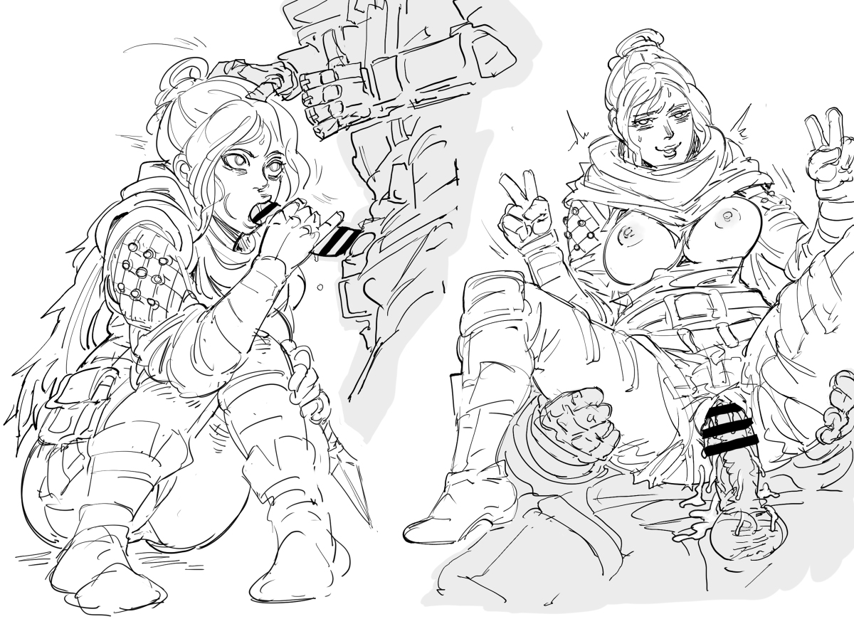 2d, apex legends, bb (baalbuddy), blowjob, breasts, clothing, cum in pussy, female, full nelson, monochrome, no color, peace sign, pussy, wraith (apex legends)