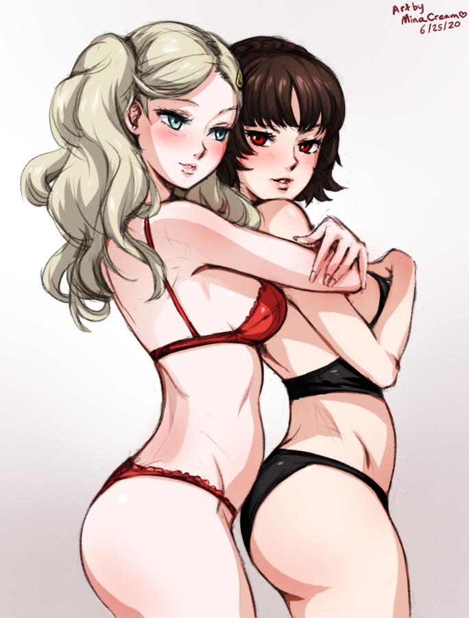 2021, 2d, 2d (artwork), 2girls, ann takamaki, artist name, bikini, bikini only, blonde hair, blue eyes, blush, bra, breasts, brown hair, dated, female, friends, hugging, hugging from behind, human, human only, light skin, light-skinned female, lingerie, lingerie only, looking at viewer, makoto niijima, medium hair, minacream, panties, persona, persona 5, questionable, red eyes, short hair, side view, sideboob, simple background, underwear, white background, yuri