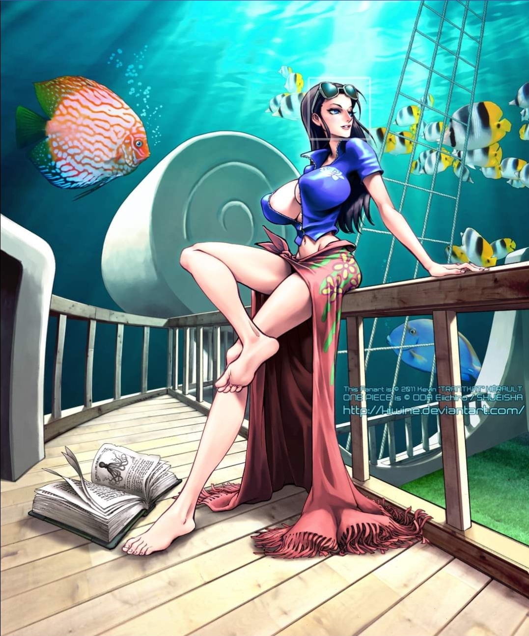 big breasts, black hair, book, breasts, detailed background, feet, female, female only, fish, glasses on head, kiwine, large breasts, legs, legs crossed, long hair, long legs, nico robin, no bra, no panties, no shoes, one piece, open clothes, open shirt, sarong, seaside, skirt, skirt lift, skirt up, sunglasses, thin, thin waist