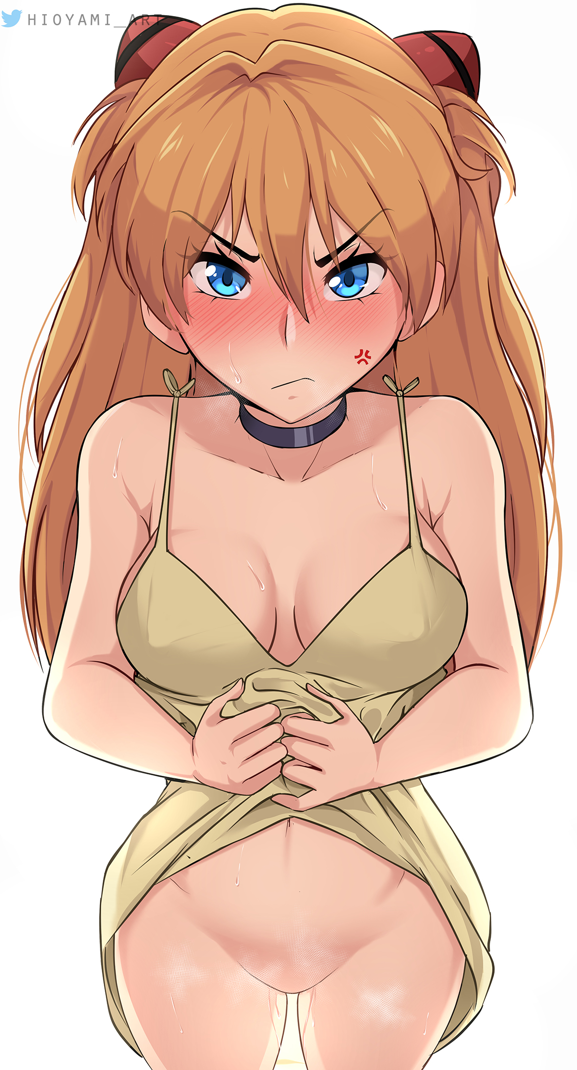 1girls, angry, asuka langley sohryu, big breasts, blue eyes, blush, breasts, cleavage, clothed, clothing, dress, dress lift, female, female focus, female only, hioyami, large breasts, long hair, looking at viewer, neon genesis evangelion, no panties, no pussy, orange hair, revealing clothes, simple background, sleeveless dress, solo, sundress, white background, yellow dress
