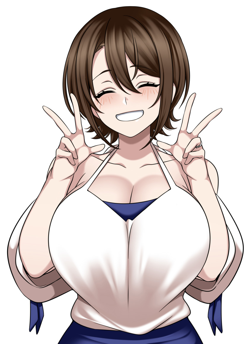 1girls blush brown_hair camui_kamui_(hz_666v) cleavage closed_eyes curvy dress female female_only happy huge_breasts keno_(keno_ch) light-skinned_female light_skin original short_hair smiling solo thick_thighs victory_pose