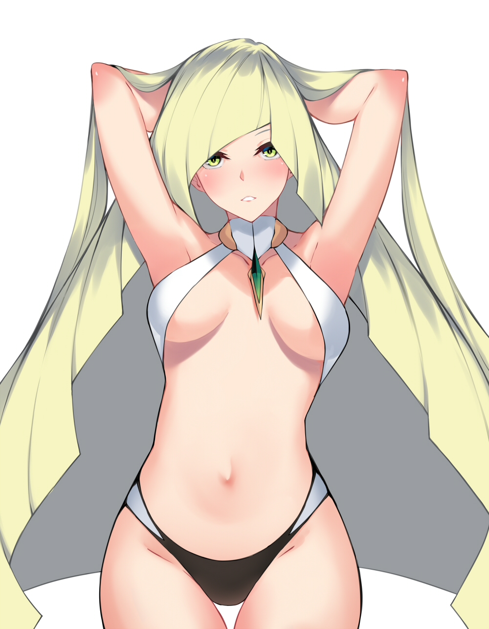 ass, belly, belly button, big breasts, bikini, bikini bottom, bikini top, biting lip, blonde hair, breasts, cleavage, female, female focus, female only, femdom, grabbing hair, green eyes, hand on head, hips, lusamine (pokemon), mature female, midriff, milf, mother, navel, nintendo, one-piece swimsuit, pokemon, pokemon sm, seductive, skimpy bikini, swimsuit, thick thighs, wide hips