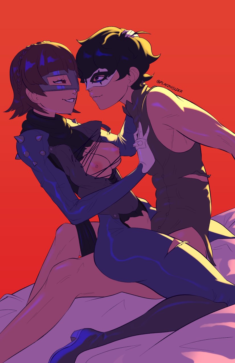 1boy, 1girls, akira kurusu, black hair, bodysuit, breasts, brown hair, female, joker (persona), makoto niijima, makoto niijima (queen), male, mask, medium breasts, persona, persona 5, phantom thief suit, playzholder, pussy, ren amamiya, short hair, torn bodysuit, torn clothes, vaginal penetration
