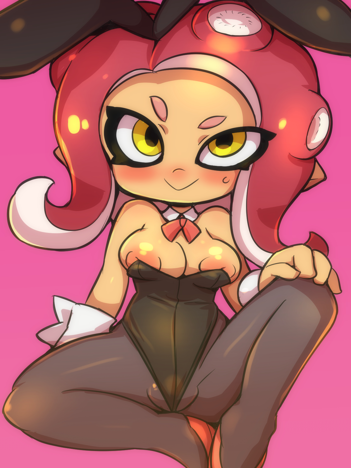 1girls, 2021, agent 8 (splatoon), animal humanoid, areola, areola slip, areolae, bare shoulders, big areola, big areolae, big breasts, black clothing, blush, breasts, bunny ears, bunnysuit, camel toe, cameltoe, cephalopod, cephalopod humanoid, cleavage, clothed, clothes, clothing, cute, detached collar, digital drawing (artwork), digital media (artwork), fake animal ears, fake bunny ears, female, footwear, full body, full-length portrait, glistening, glistening body, glistening hair, glistening skin, hand on knee, hand on leg, hand on own knee, hand on own leg, happy, humanoid, humanoid pointy ears, inverted nipples, large areolae, large breasts, light skin, light-skinned female, long hair, looking at viewer, marine, marine humanoid, mollusk, mollusk humanoid, multicolored hair, nekoyuu, nintendo, nipples, octarian, octoling, octoling girl, partially visible nipples, pink background, pointy ears, portrait, pseudo hair, pussy, red hair, shiny, shiny hair, shiny skin, shirt collar, shoes, simple background, sitting, smile, smooth skin, solo, solo female, splatoon, splatoon (series), spread legs, tentacle, tentacle hair, two-tone hair, video games, white hair, yellow eyes