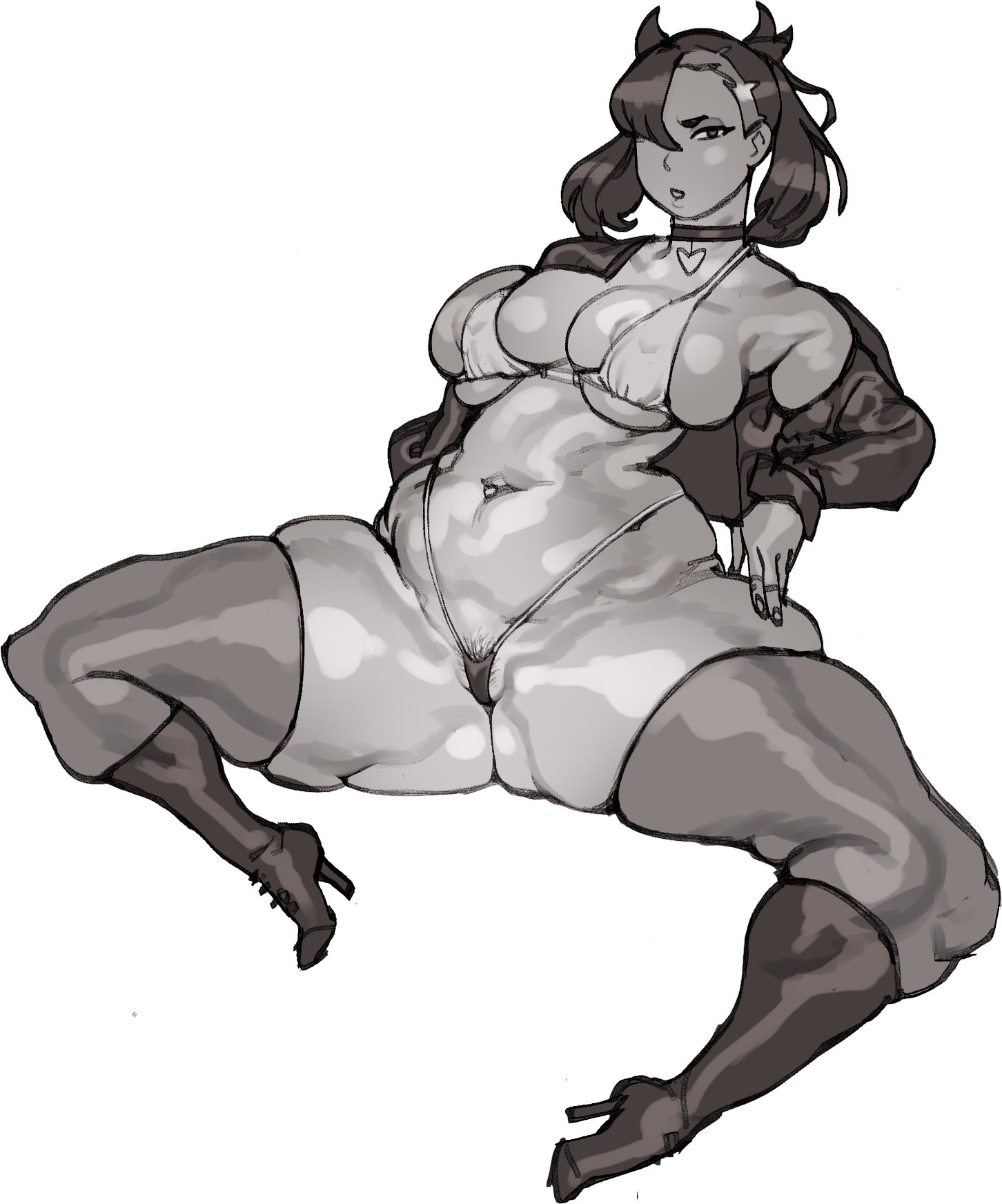 1girls, alternate breast size, big breasts, black and white, breasts, busty, cleavage, clothed, clothing, curvy, female, female focus, female only, long hair, looking at viewer, marnie (pokemon), pokemon, pokemon ss, revealing clothes, simple background, solo, spread legs, tod0231, venus body, voluptuous, white background, wide hips