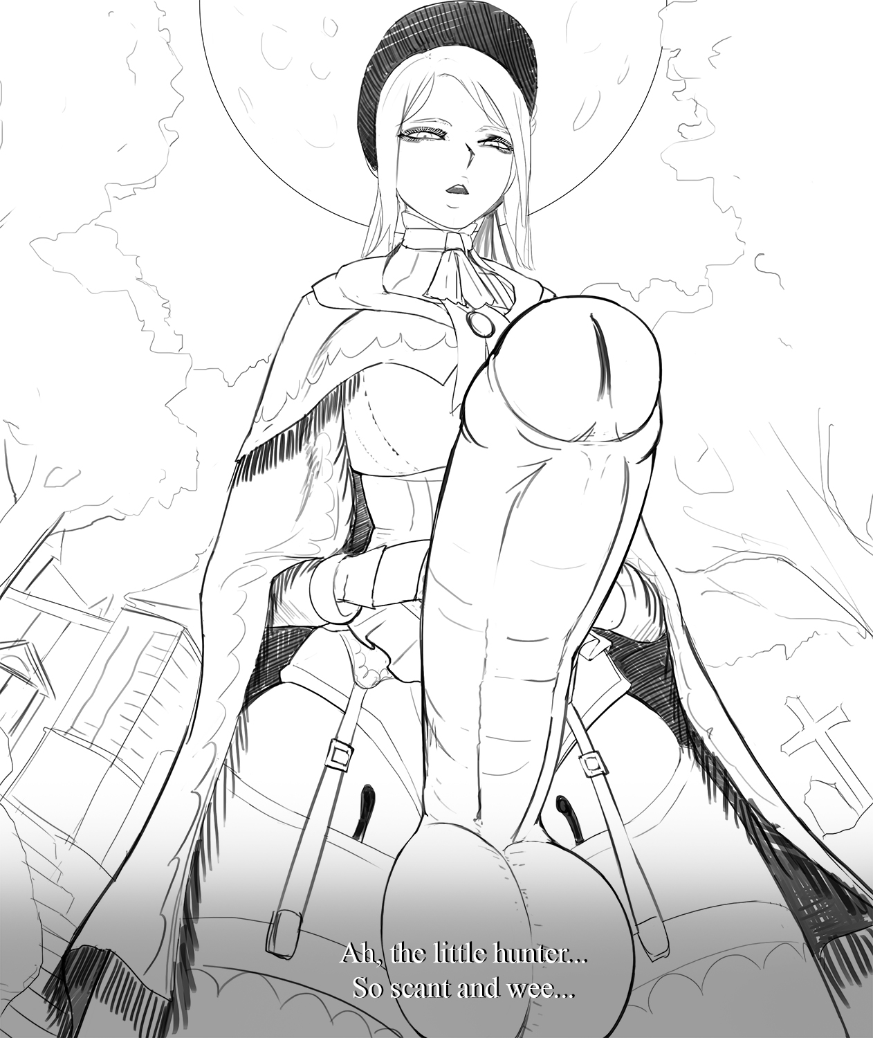 1futa, aka6, balls, big breasts, bloodborne, bottomless, breasts, clothed, clothing, dialogue, dickgirl, erection, foreskin, fromsoftware, futa only, futanari, garter straps, handwear, headgear, huge cock, intersex, large breasts, looking at viewer, low-angle view, monochrome, mostly nude, outerwear, partially clothed, penis, plain doll, solo, standing, taker pov, testicles, text, thighhighs, uncircumcised, uncircumcised penis, uncut