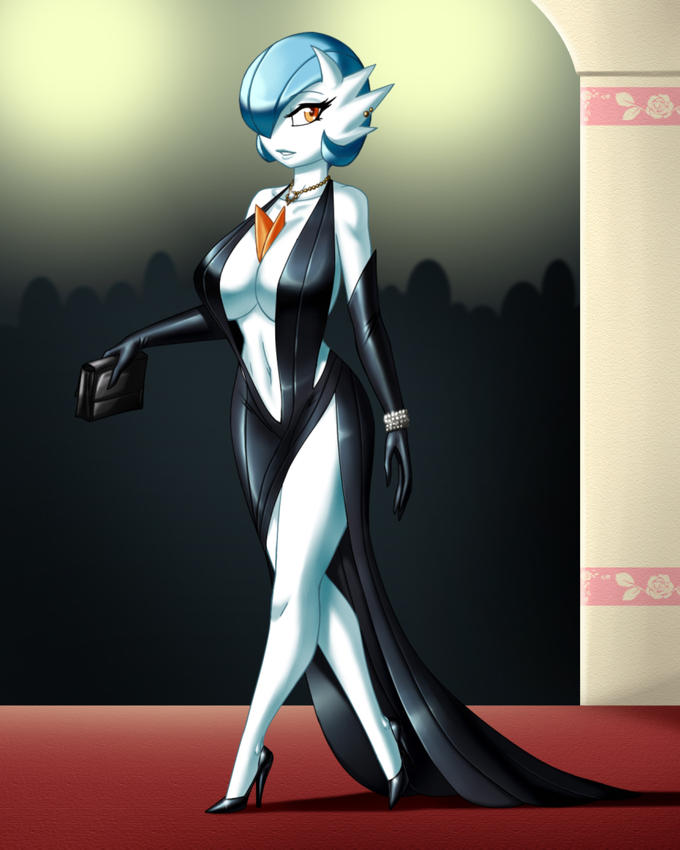 anthro bare_legs bare_shoulders black_dress blue_hair dress earrings game_freak gardevoir gloves hair_over_one_eye high_heels large_breasts long_dress long_eyelashes long_gloves majinzarack mega_evolution mega_gardevoir mega_pokemon nintendo orange_eyes piercing pokémon_(species) pokemon pokemon_(species) runway shiny shiny_gardevoir shiny_pokemon short_hair sleeve_gloves white_skin