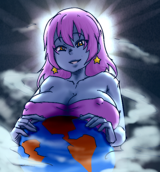 1girls big_breasts blue_skin earth erect_nipples erect_nipples_under_clothes giantess maniacpaint planet_hugger_(xanafar) purple_hair solo solo_female tagme xanafar yellow_eyes