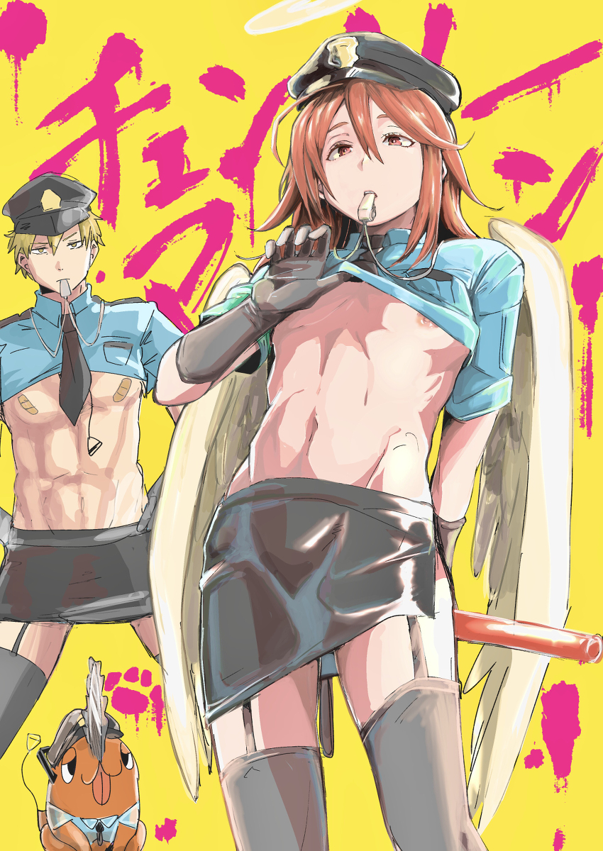 2boys, angel, angel devil (chainsaw man), chainsaw man, crossdressing, denji (chainsaw man), devil, feathered wings, femboy, garter belt, gay, gloves, halo, male, male only, miniskirt, pochita (chainsaw man), police, police uniform, thighhighs, wanwan hecoheco, wings