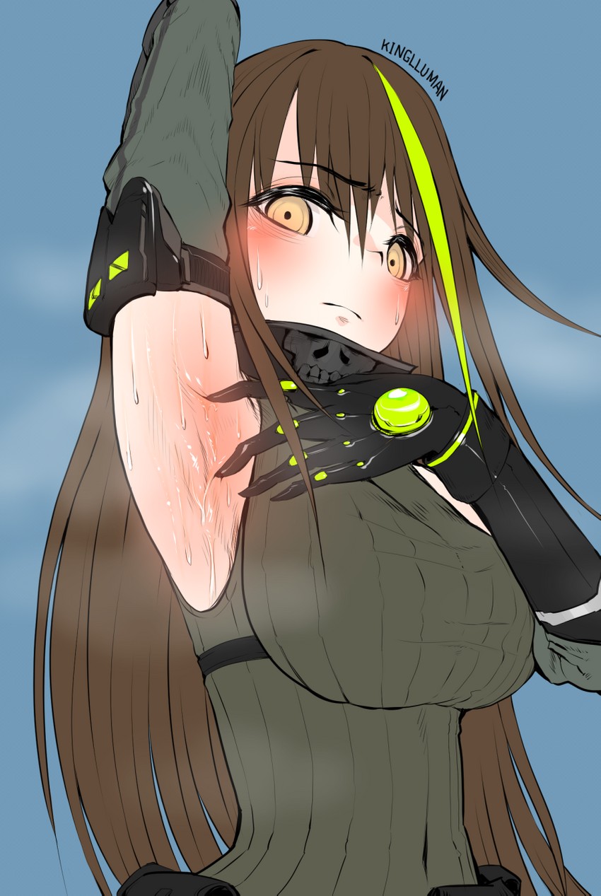 1girls, armpit, armpit fetish, artist name, breasts, brown hair, embarrassed, female, girls' frontline, green hair, hair highlights, large breasts, long hair, m4a1 (girls' frontline), sweat, sweaty, yellow eyes