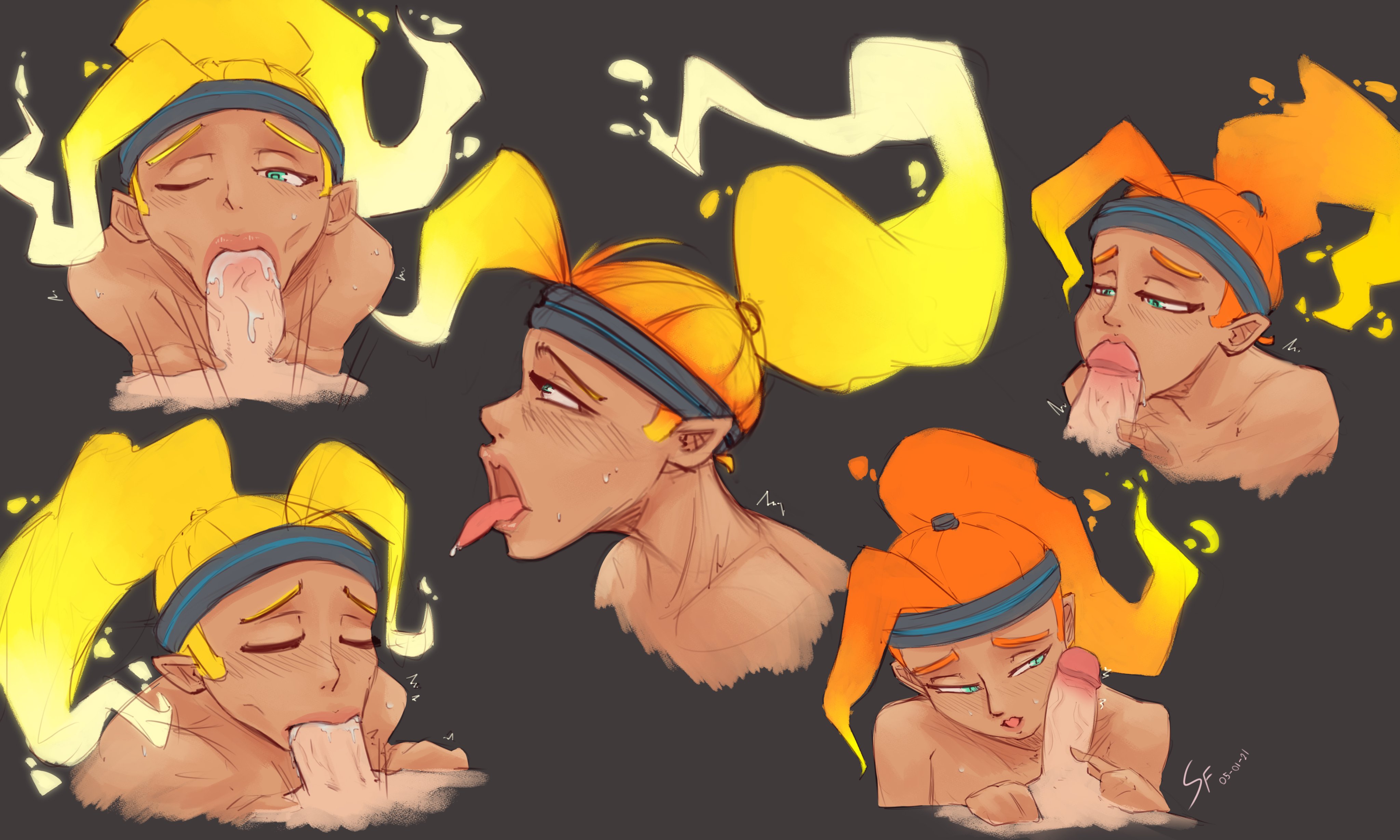 1boy, 1girls, ahe gao, blonde hair, blowjob, blush, eyes rolling back, fellatio, female, male, nintendo, oral, ponytail, ring fit adventure, ring fit trainee (female), splicerfink, sweat, tongue, tongue out