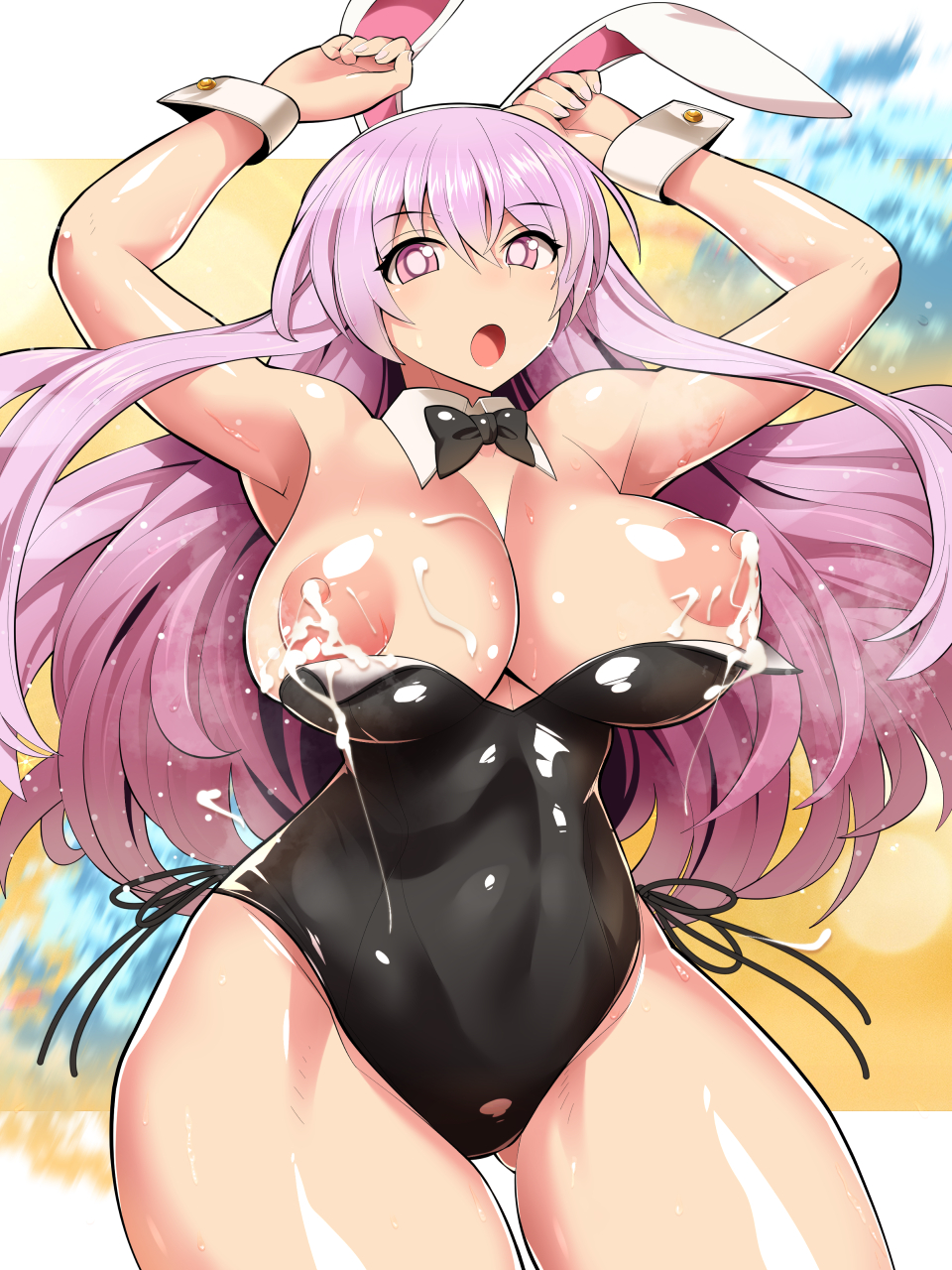 1girls arms_up big_breasts bunny_ears bunnysuit cuffs female hata_no_kokoro lactation long_hair milk nipples oo_umigarasu open_mouth pink_eyes pink_hair solo touhou