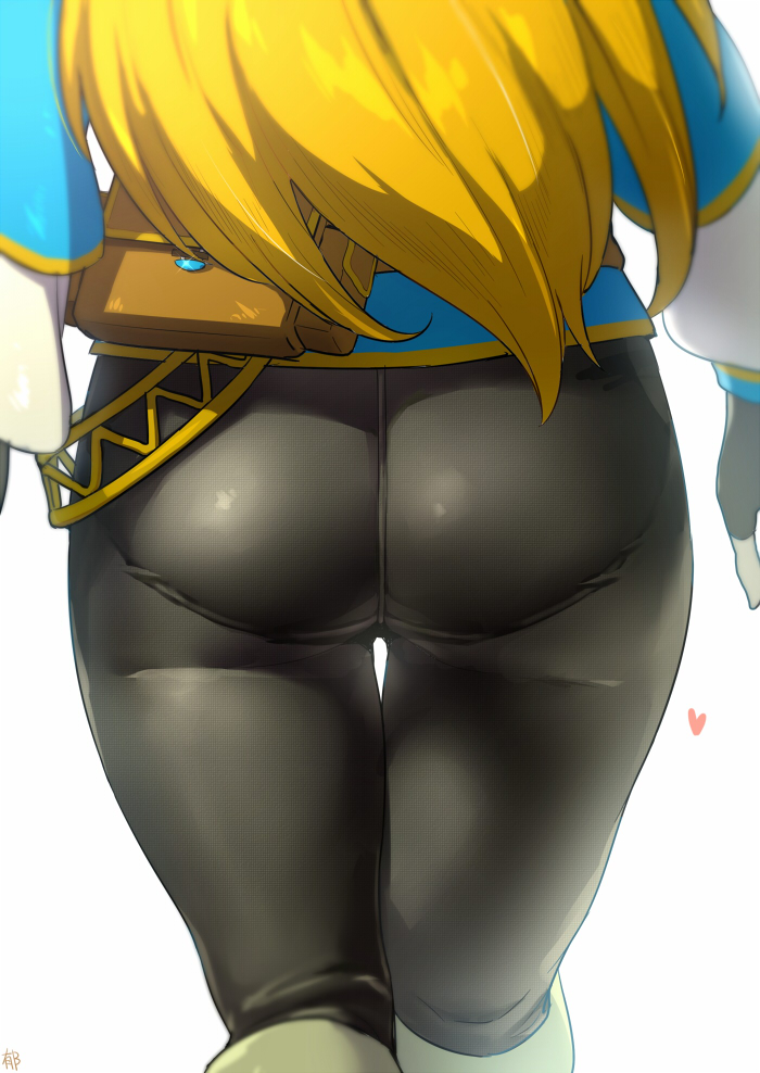 1girls, ass, ass focus, blonde hair, breath of the wild, clothed, demigoddess, female, hylian, iku (ikuchan kaoru), leggings, long hair, nintendo, pantylines, princess zelda, solo, the legend of zelda, thick thighs, thigh gap, thighs, tight clothing, tight pants, white background, yoga pants, zelda (breath of the wild)