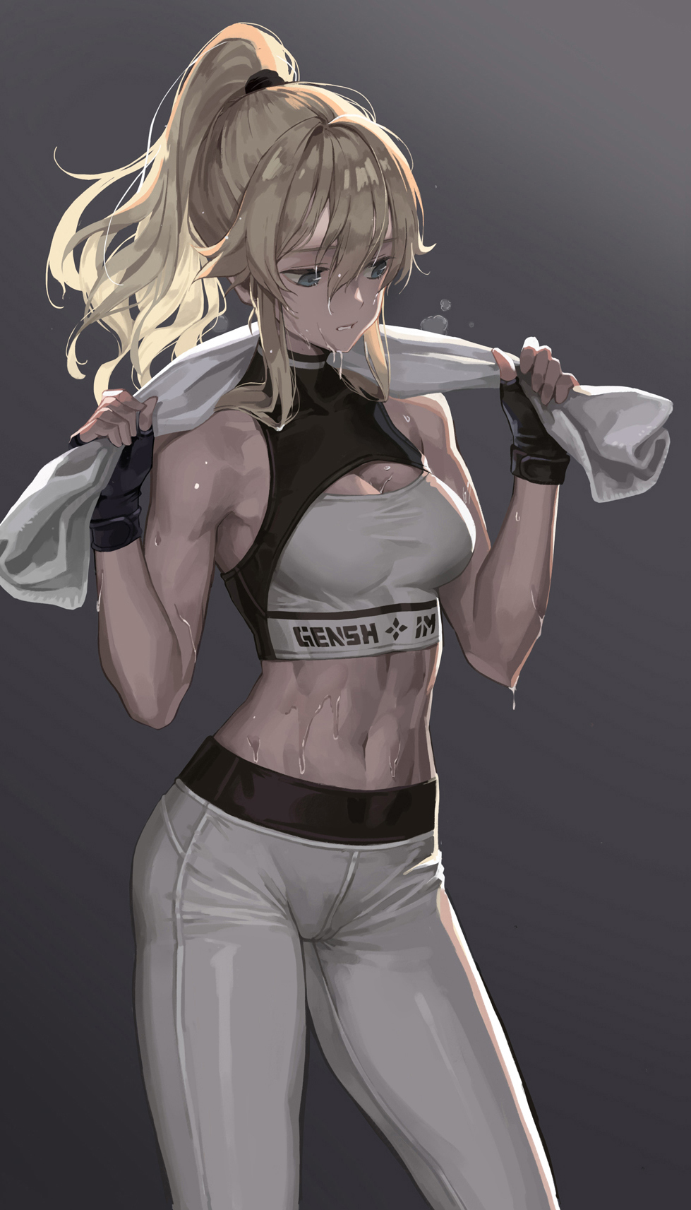 1girls athletic athletic_female bare_arms bare_shoulders blonde_hair blue_eyes breasts cleavage cleavage_cutout clothed clothing clothing_cutout contrapposto cowboy_shot crop_top female female_focus female_only fingerless_gloves genshin_impact gloves heavy_breathing high_ponytail highres hips jean_gunnhildr looking_away m2_(guvn5745) medium_breasts midriff navel pale-skinned_female pale_skin pants parted_lips ponytail sleeveless solo solo_focus sports_bra sportswear standing stomach sweat tight_clothing toned toned_female towel towel_around_neck workout yoga_pants