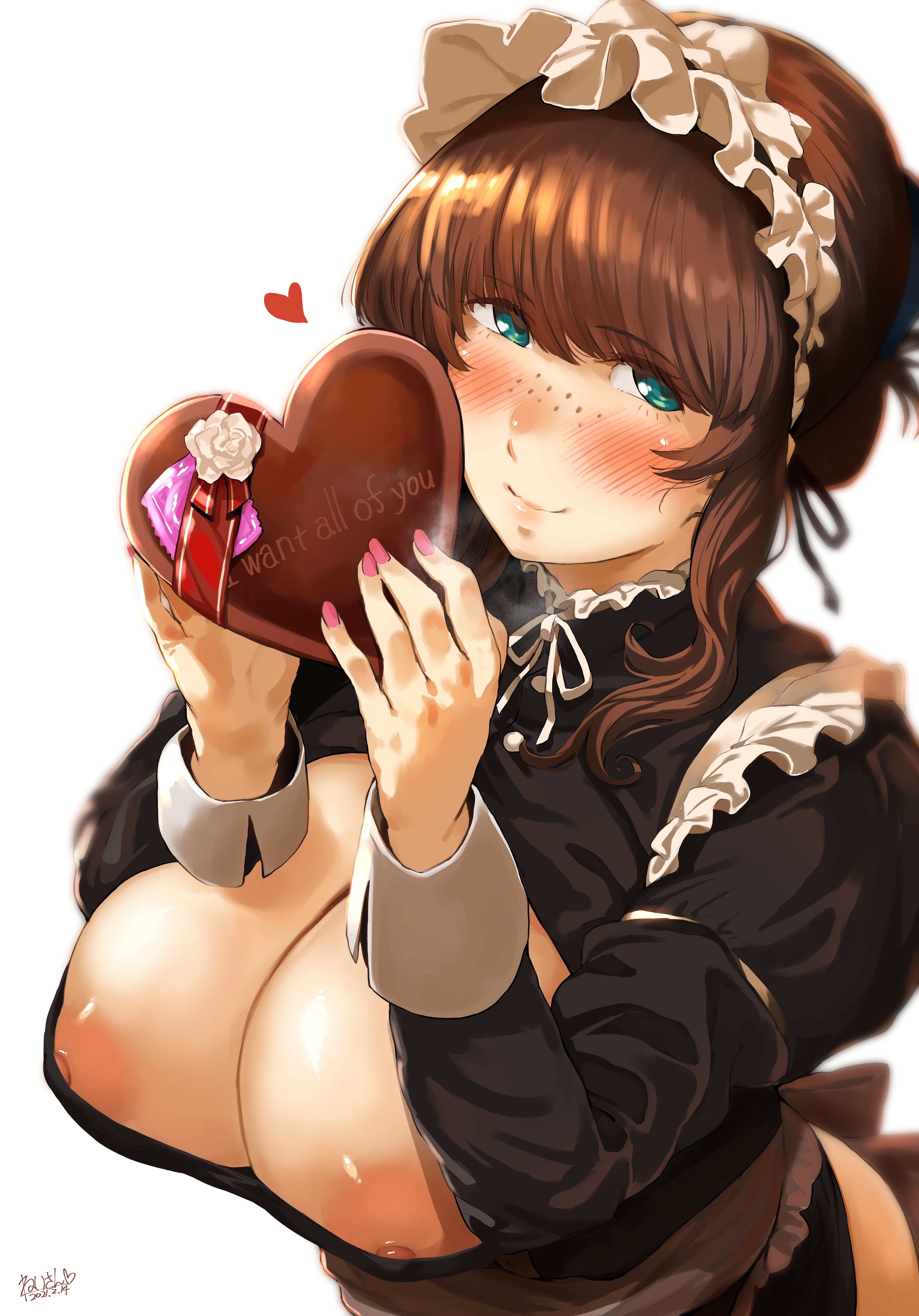 1girls, 2021, absurdres, artist name, artist signature, blush, breasts, brown hair, character request, chocolate, condom, copyright request, english text, erect nipples, female, food, green eyes, heart, hero neisan, high resolution, highres, huge breasts, looking at viewer, maid, maid headdress, maid uniform, nipples, signature, simple background, smile, text, valentine's day, very high resolution, white background, wholesome