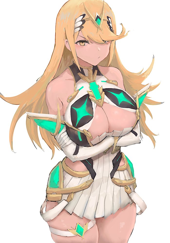 1girls, arqa, blonde hair, breasts, cleavage, female, female only, huge breasts, mythra, nintendo, nipples, thighlet, xenoblade (series), xenoblade chronicles 2, yellow eyes