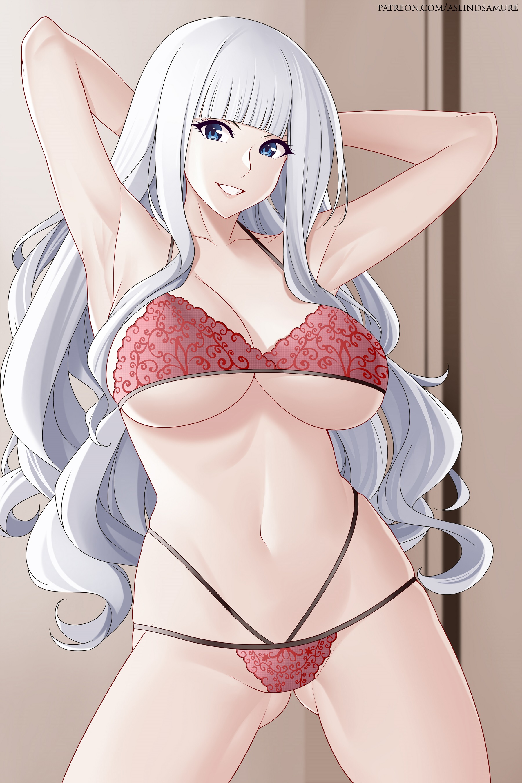 1girls, armpits, arms behind head, aslindsamure, bangs, big breasts, blue eyes, breasts, cleavage, fairy tail, female, female focus, female only, legs apart, lingerie, long hair, looking at viewer, mirajane strauss, multi-strapped bikini, red lingerie, smile, standing, underboob, white hair, white-haired female
