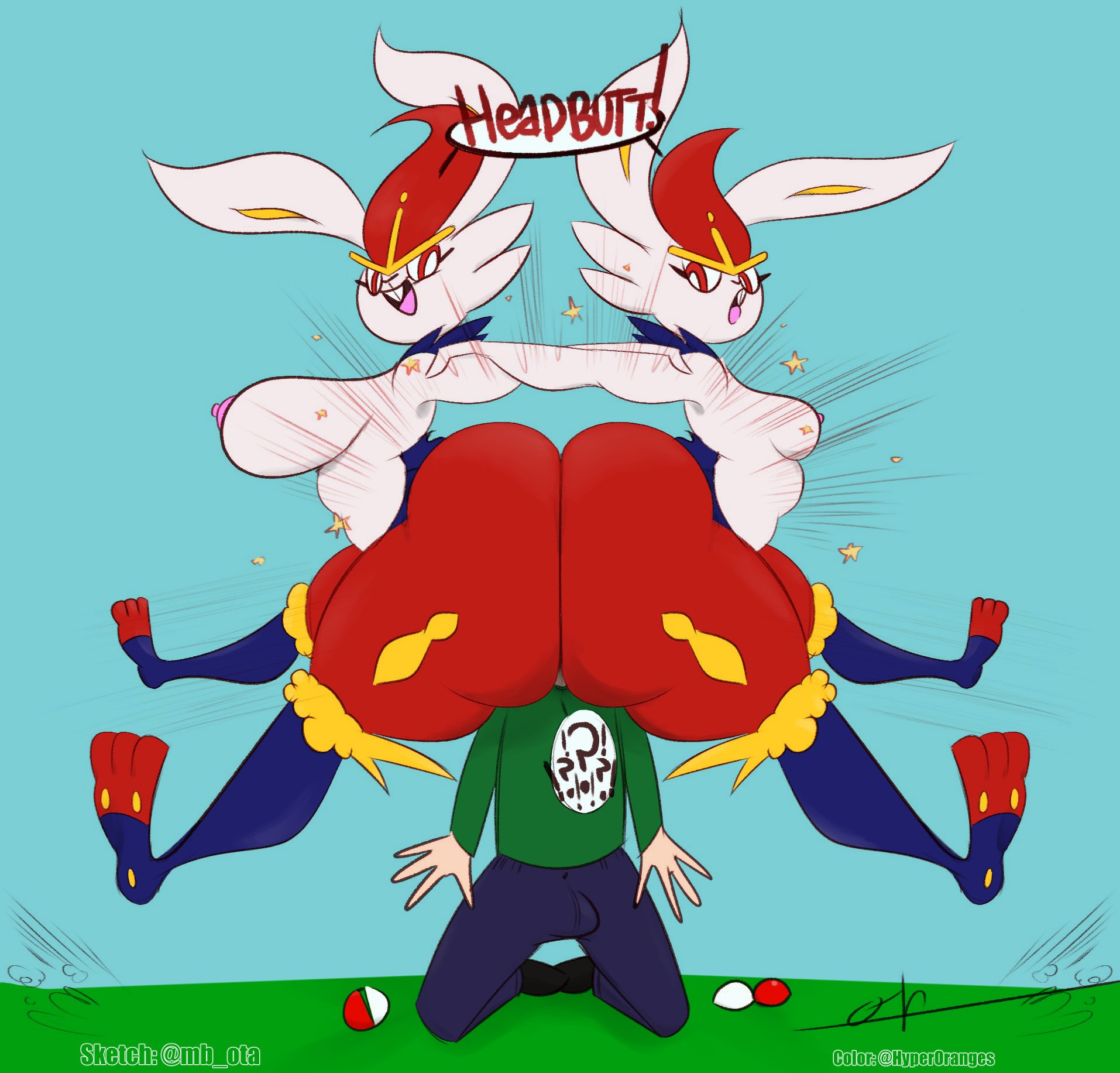 2girls, anthro, aroused, ass, big ass, breasts, buldge, butt squish, cinderace, colored, dialogue, edit, female, furry, jumping, large breasts, nintendo, ota (artist), pokémon (species), pokemon, pokemon (species), pokemon ss, rabbit, small breasts