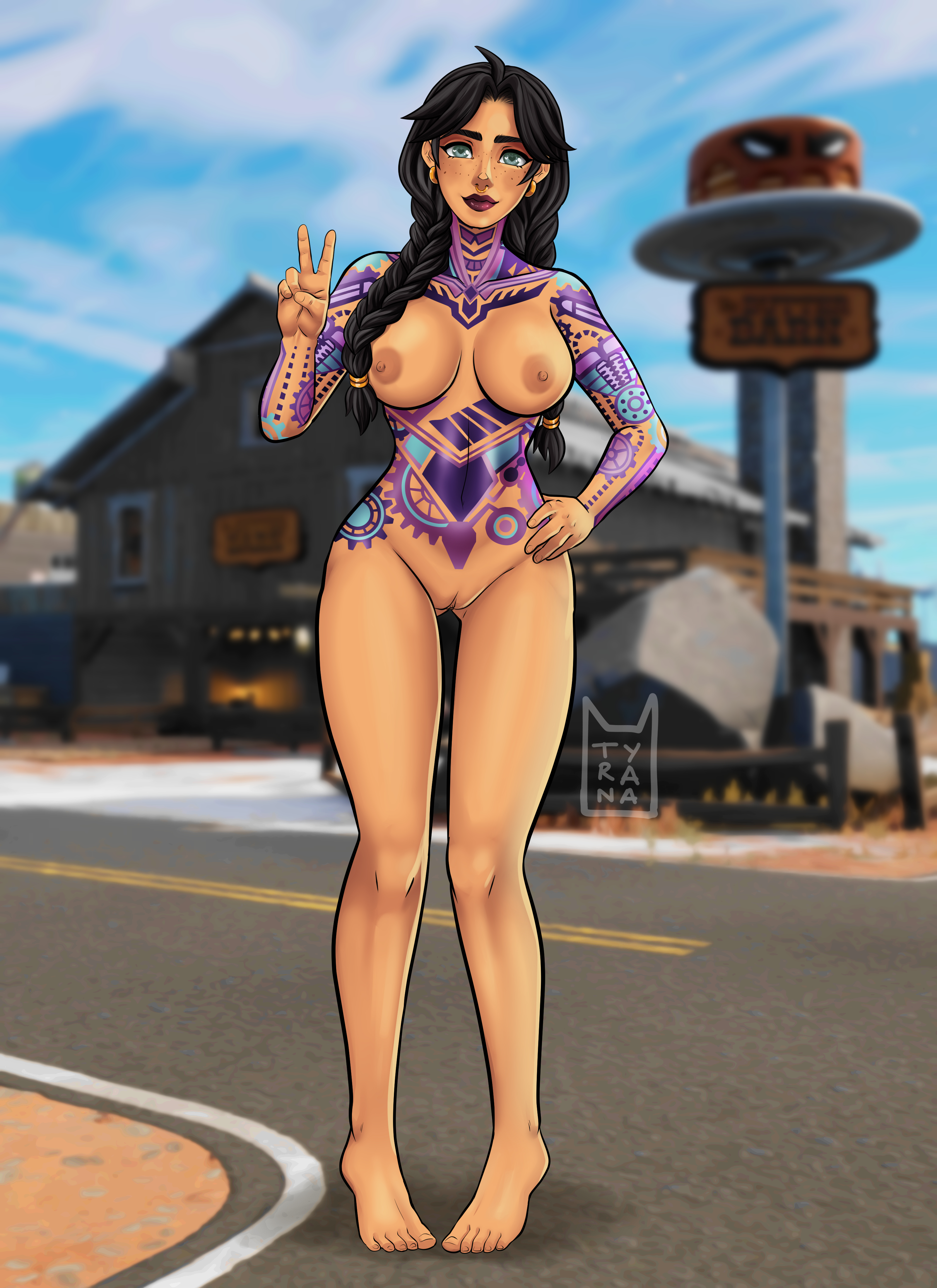 1girls, 2d, 2d (artwork), absurd res, barefoot, big breasts, braid, braided hair, breasts, dark hair, earrings, female, female only, fortnite, fortnite: battle royale, freckles, hi res, human, jules (fortnite), large breasts, long hair, long legs, makeup, naked, nose piercing, nude, outside, piercing, pose, posing, pussy, qo, septum piercing, septum ring, solo, standing, tattoo, tattoos, tattoos everywhere, topless, twin braids, tyrana, wide hips