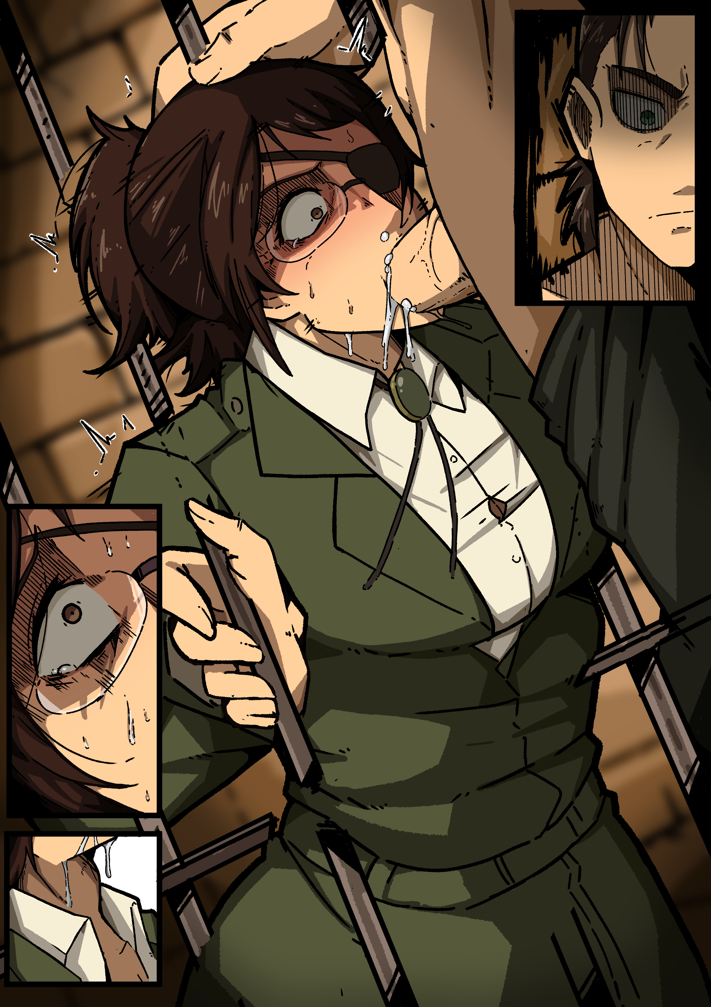 1boy, 1girls, attack on titan, blowjob, blush, bolo tie, breasts, brown hair, brown-haired female, cum, cum in mouth, cum in throat, deep blowjob, deepthroat, eren jaeger, eye patch, eyepatch, fellatio, female, forced oral, glasses, hanji zoe, high resolution, male, mark gavatino, military uniform, oral, penis, saliva, shingeki no kyojin, swallowing bulge, swallowing cum, sweat, throat bulge, veiny penis