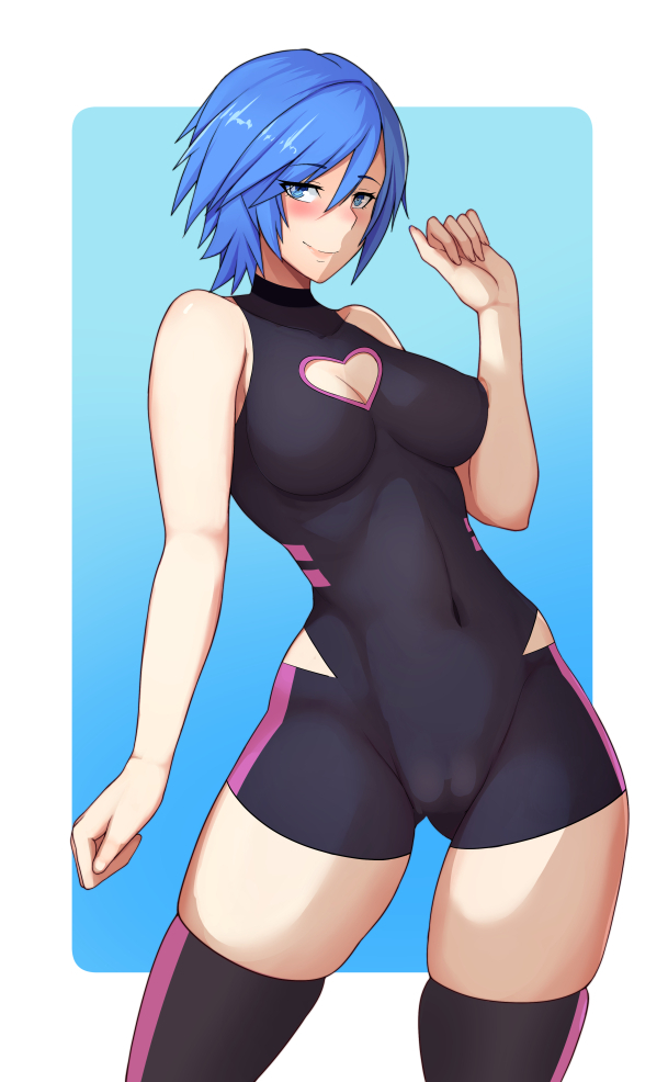 1girls, aqua (kingdom hearts), big breasts, blue eyes, blue hair, blue-haired female, breasts, cameltoe, cleavage, disney, female, female only, kingdom hearts, lainart, large breasts, looking at viewer, pussy, short hair, smile, solo, square enix, thighhighs