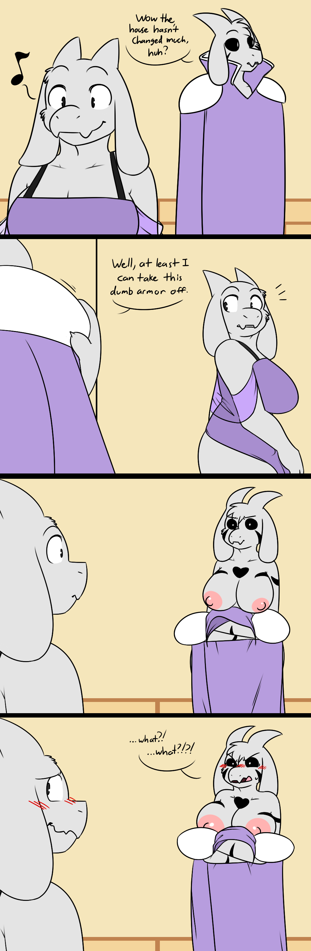 2girls after_transformation armor asriel_dreemurr asriel_dreemurr_(god_form) big_breasts black_eyes blush breasts clothing embarrassed female female_asriel female_only fur gender_transformation goat large_breasts looking_away multiple_girls robertge rule_63 text toriel undertale undressing white_fur