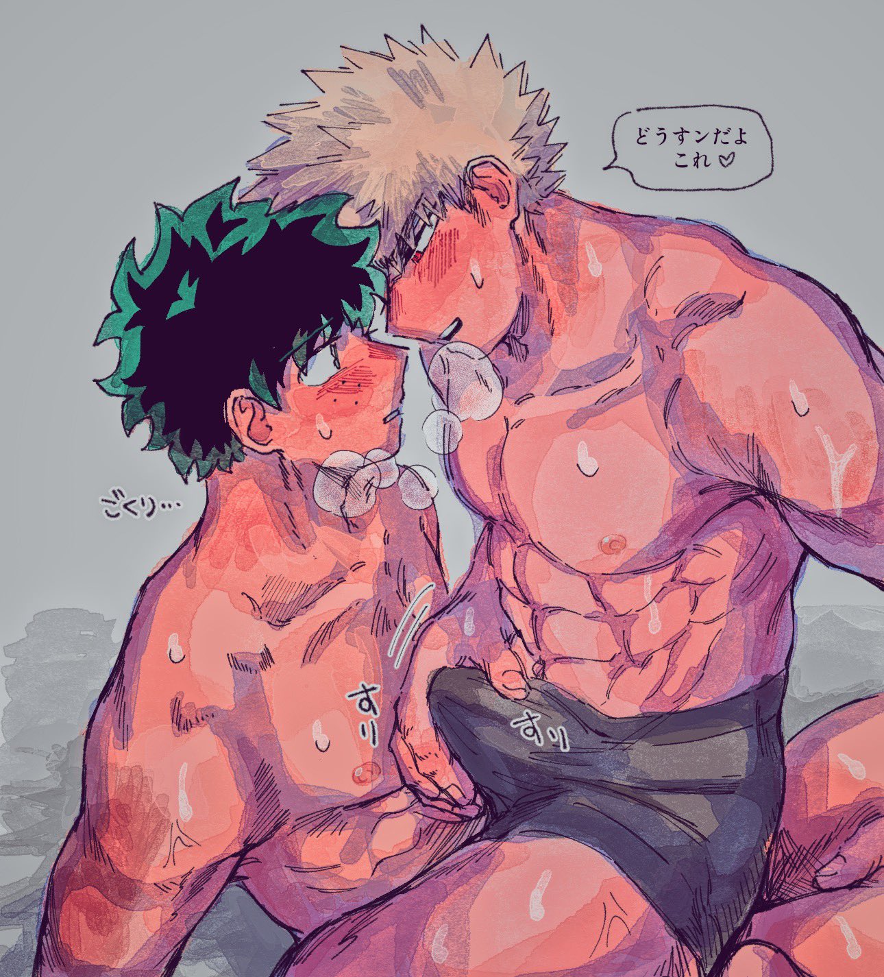 2boys, blonde hair, erection, gay, green eyes, green hair, izuku midoriya, katsuki bakugou, male, male only, male/male, muscles, my hero academia, red eyes, underwear, yaoi