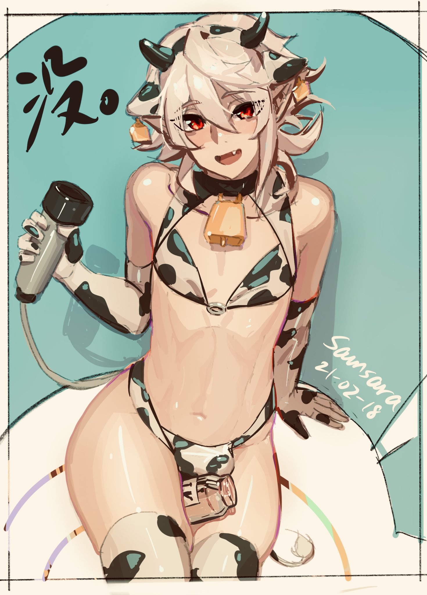 1boy, armwear, bare thighs, bulge, corrin (fire emblem), corrin (fire emblem) (male), cow bikini, cow boy, cow print, cow print armwear, cow print legwear, cute male, elbow gloves, femboy, fire emblem, fire emblem fates, gloves, legwear, looking at viewer, male, male only, milk, milking machine, nintendo, red eyes, samsara, samsara (shuukeura), short hair, smile, thighhighs, year of the ox
