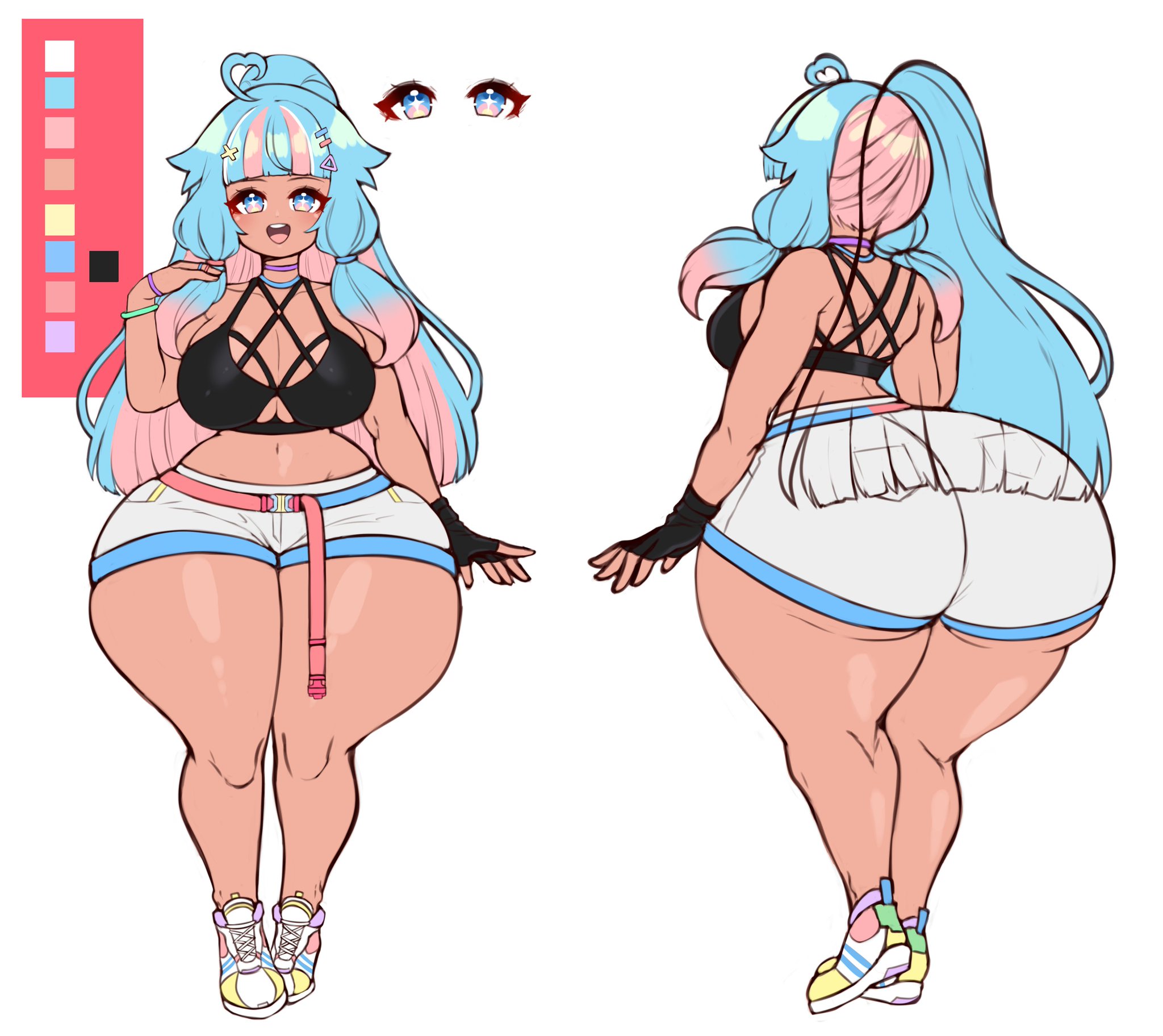 1girls, ass, big ass, blue hair, bottom heavy, clothed, clothing, female, female only, high ponytail, huge ass, jojoniumart, large ass, long hair, minari (jojoniumart), model sheet, multicolored hair, ponytail, smile, solo, tan skin, wide hips