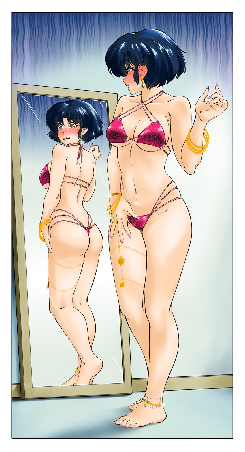 1girls akane_tendo ass barefoot bikini blue_hair blush brown_eyes bubble_butt gold_chain jewelry large_breasts mirror ranma_1/2 short_hair small_breasts suiren_ciao swimsuit voluptuous